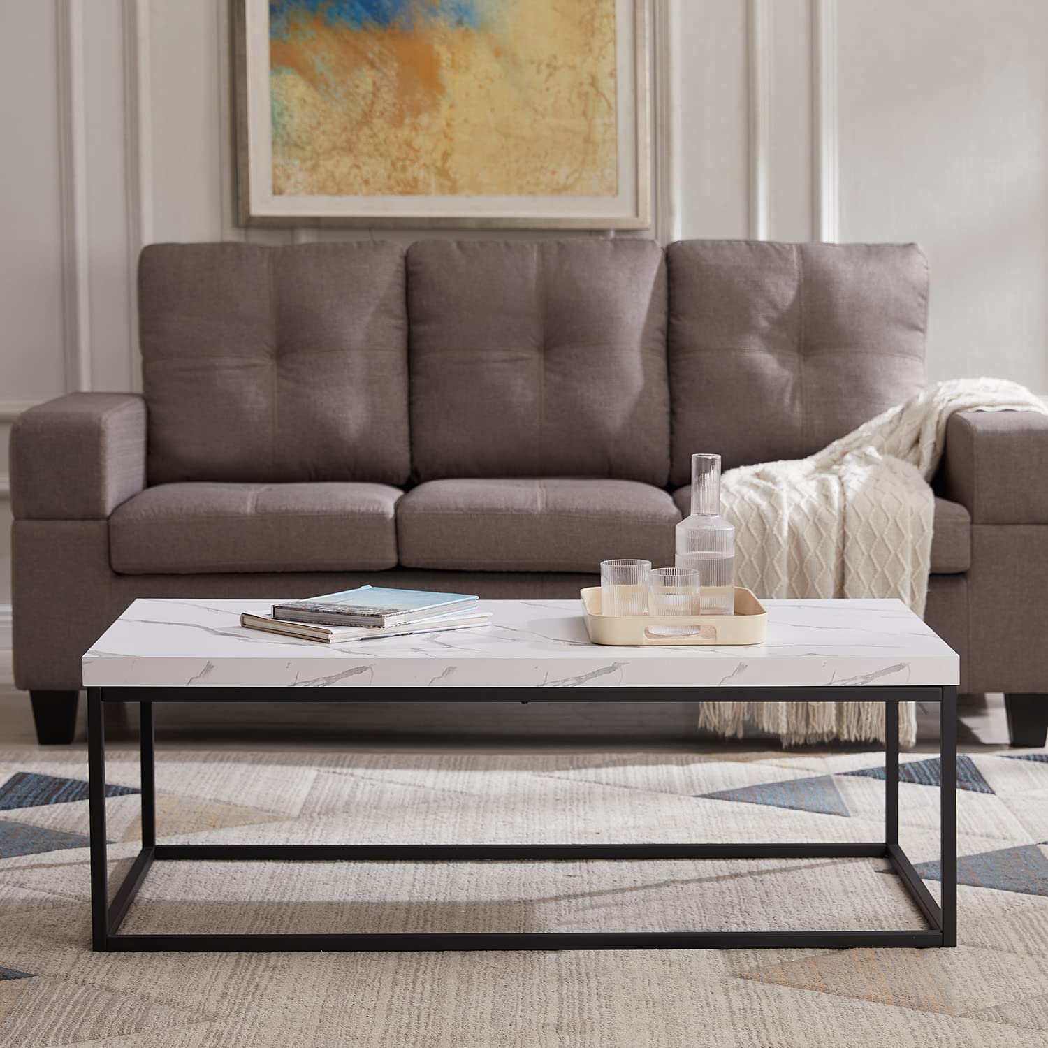 Modern Industrial CENSI 47-Inch Rectangle Marble Coffee Table Ottoman with Wood & Metal Base - White Marble Top for Living Room, Lounge & Office Decor