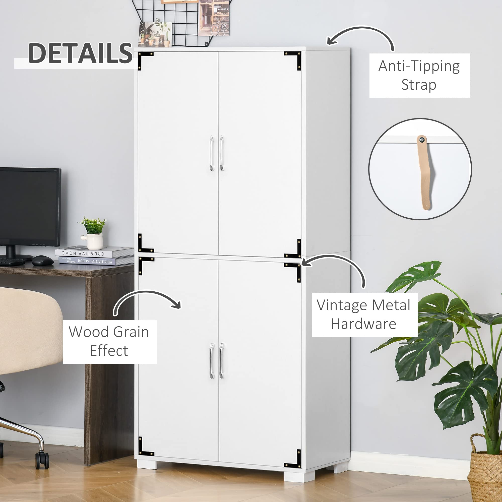 HOMCOM 4-Door Industrial Kitchen Pantry Cabinet with Adjustable Shelves, Freestanding Storage Organizer for Pantry, Laundry Room, Garage - White