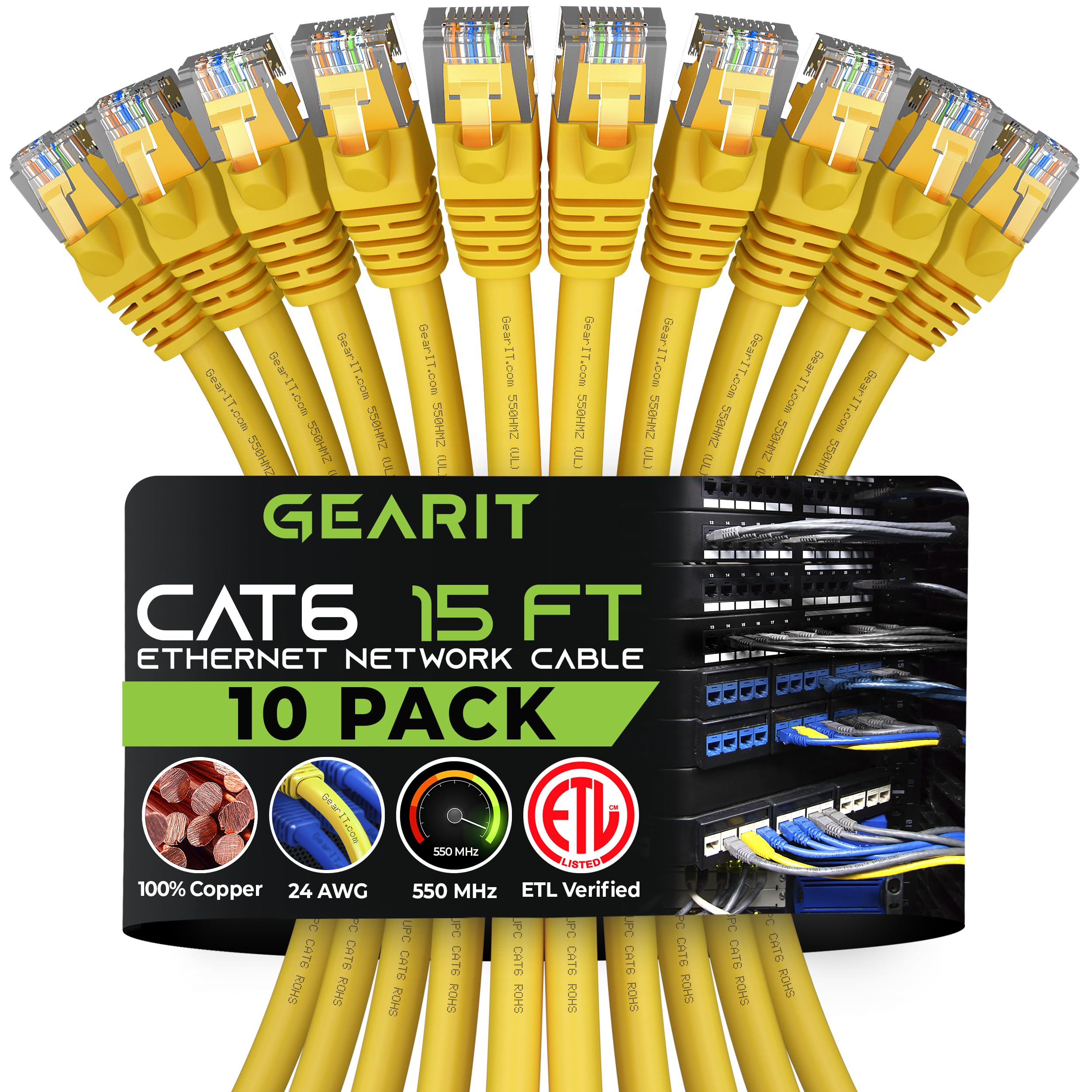 GearIT Cat 6 Ethernet Cable 10-Pack (15 Feet) - 10Gbps High-Speed Snagless RJ45 Network Patch Cord with Gold-Plated Connectors for PC, TV, Tablet, Router, Printer, Server & Data Center - Durable Yellow Cables for Home Office & IT Networking