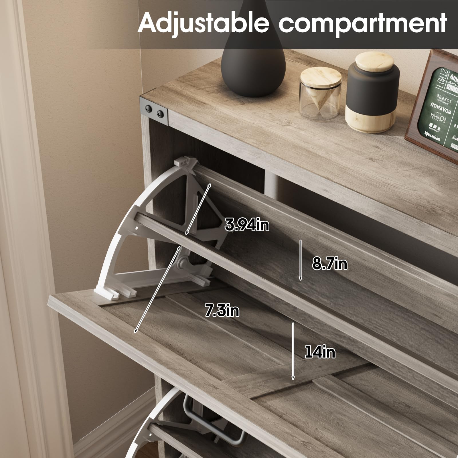 Farmhouse Style Slim Shoe Storage Cabinet with 2 Flip Drawers - Narrow Entryway Organizer for Hidden Shoes, Grey - Perfect for Small Spaces & Entryway Organization