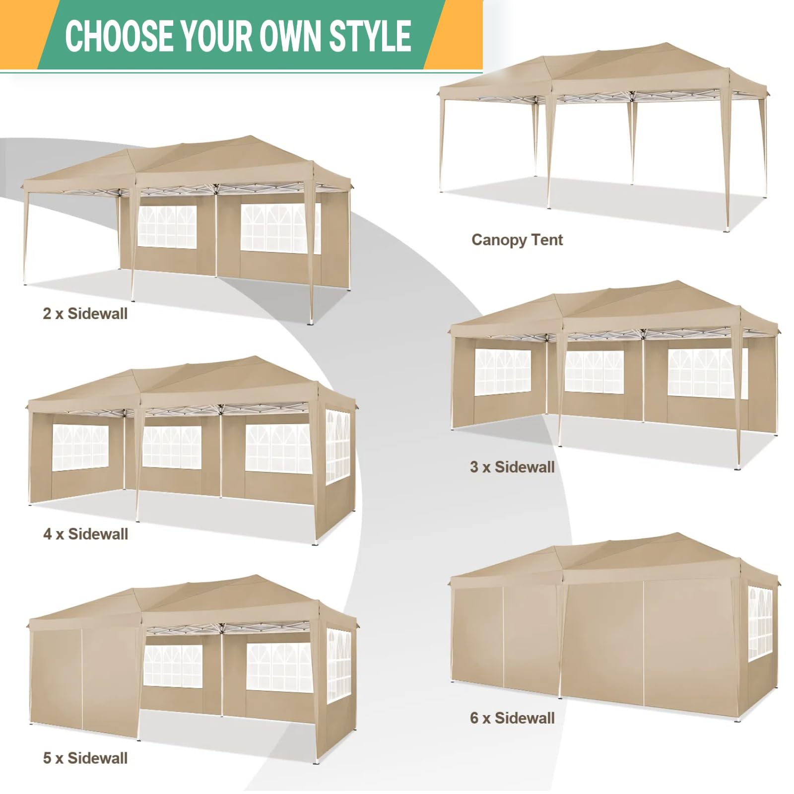 COBIZI 10x20 Pop Up Canopy Tent with 6 Sidewalls - Waterproof Instant Shelter, UPF 50+ Sun Protection, Portable Gazebo for Outdoor Events, Beach Camping, Weddings & Commercial Use - Easy Setup Khaki Canopy