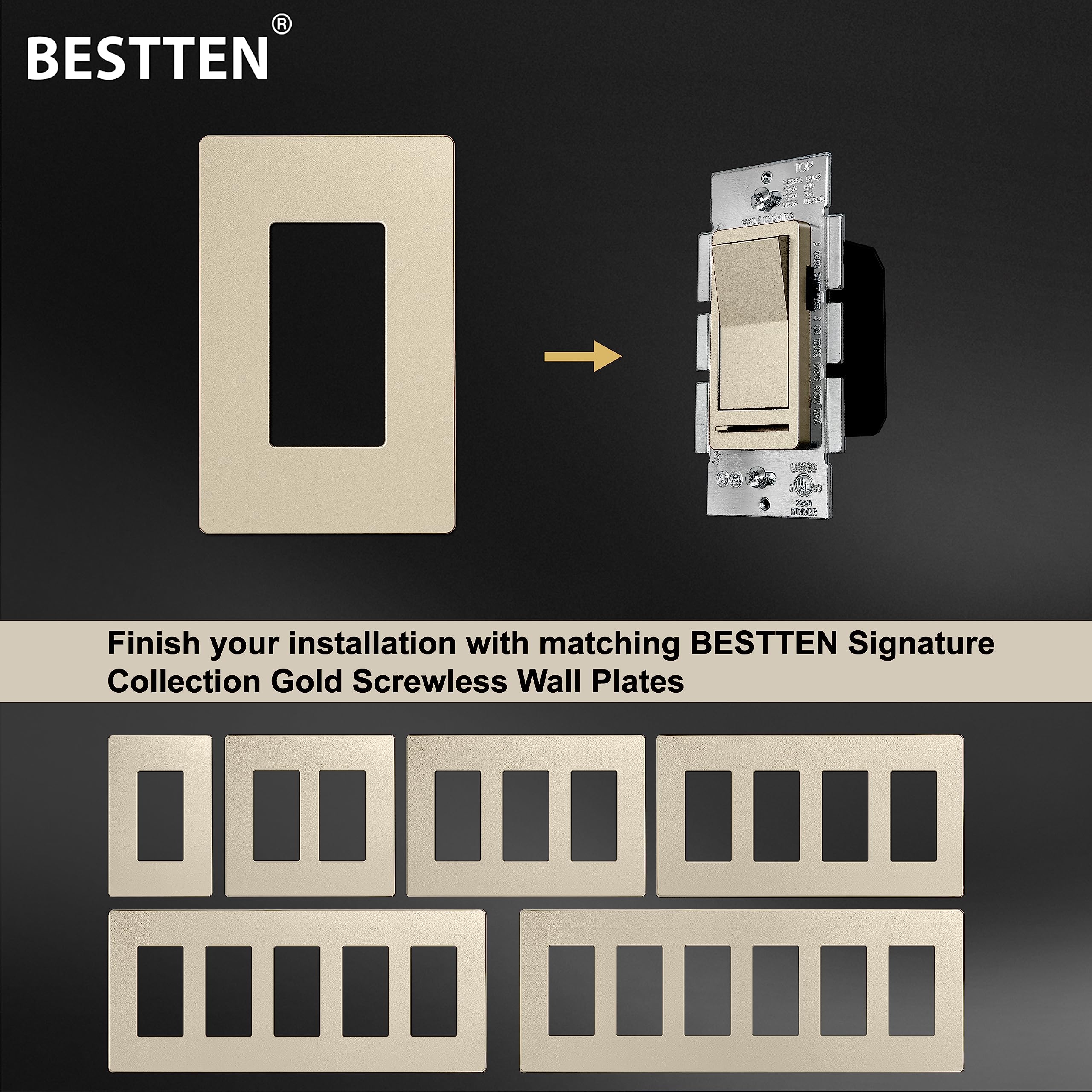 BESTTEN 10 Pack Matte Champagne Gold Dimmer Light Switch - Single Pole/3-Way - Works with Dimmable LED, CFL, Incandescent & Halogen Bulbs - 120VAC - UL Listed - Perfect for Living Room, Bedroom & Dining Room Lighting Control