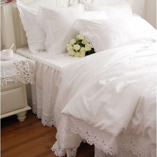 Shabby Chic Swan Lake White Cutwork Lace Cotton Duvet Cover Set - Twin Size 1116 | Elegant Bedroom Decor for Guest Rooms & Master Suites
