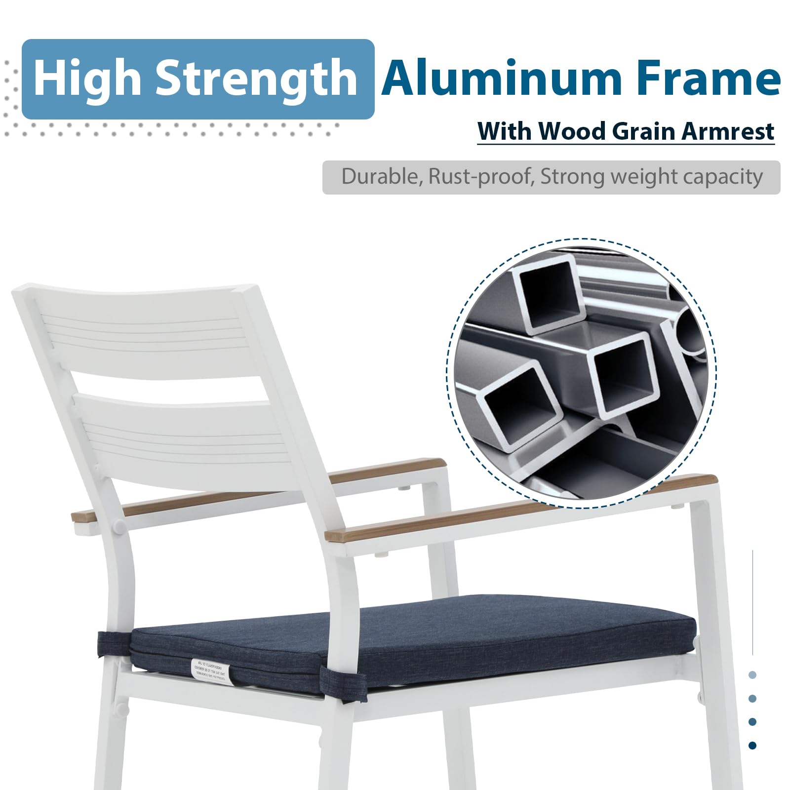 JOIVI 5-Piece Outdoor Dining Set - Aluminum Patio Furniture with Wood Grain Tabletop & Navy Blue Cushions, Stackable Chairs for 4 People, 2.05