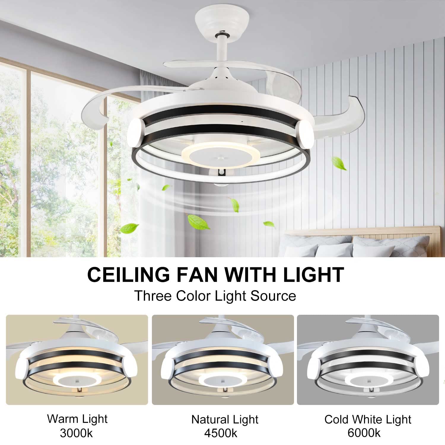 35 Inch Retractable Bladeless Ceiling Fan with Remote Control - 30W LED Light, 3 Speed Settings, Timer Function & 3 Color Options - Ultra Quiet Modern Ceiling Fan for Kitchen, Bedroom, Living Room - FCC Certified | Perfect for Home Cooling & Ambient Lighting