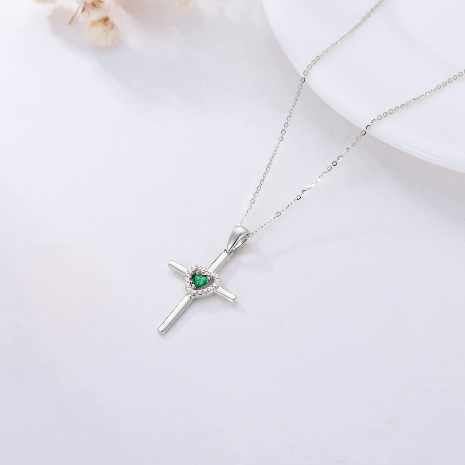 Sterling Silver Cross Pendant Necklace for Women with Heart Birthstone - Religious Jewelry Gift for Mom, Teen Girls - 18+2 Inch Chain - Perfect for Birthdays, Baptisms & Everyday Wear