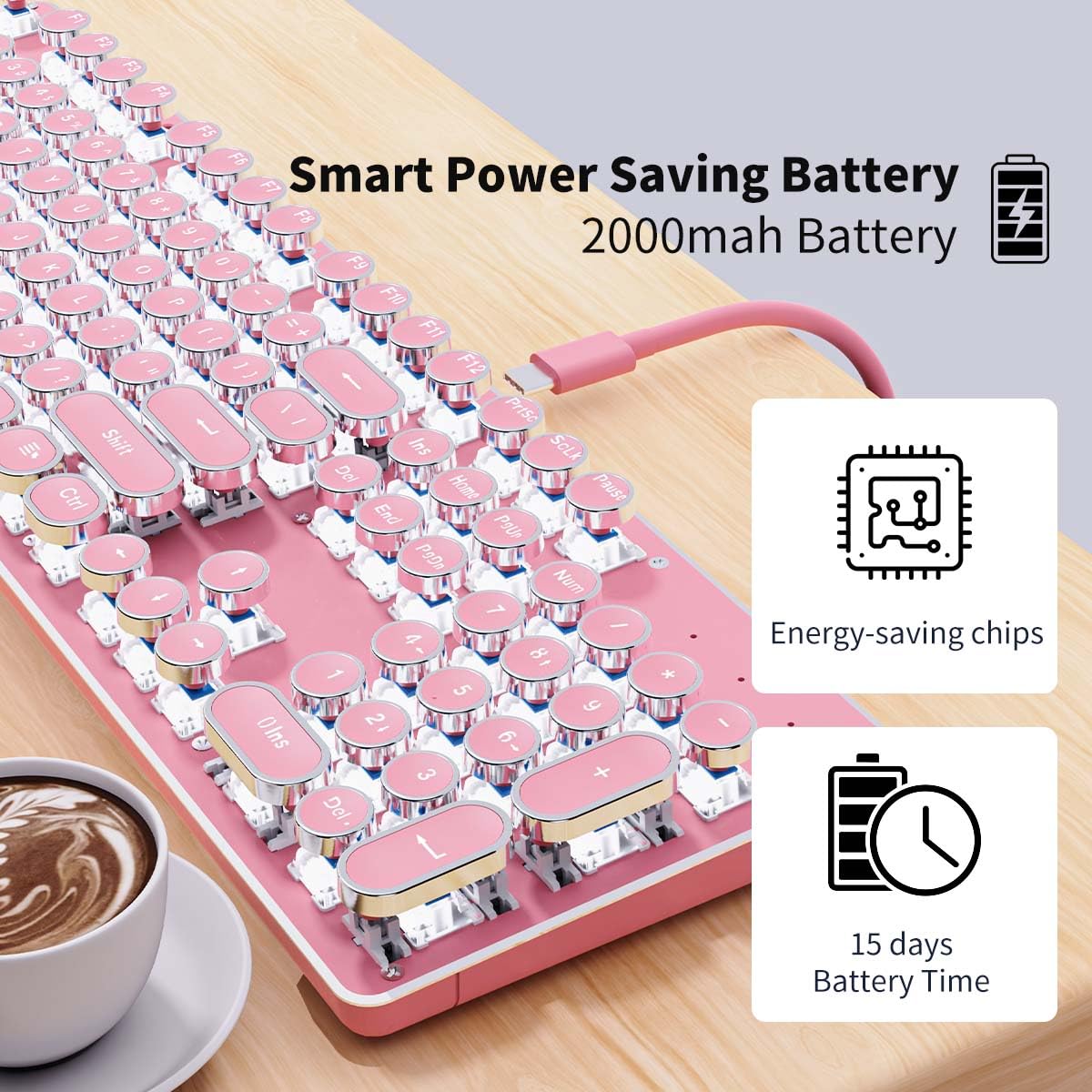 EWEADN TK950 Wireless Mechanical Keyboard - 104 Keys Typewriter Style with White Backlit, Blue Switch, Anti-Ghosting (Bluetooth/2.4GHz/USB-C) - Pink Cute Keyboard for Office, Gaming & Creative Writing