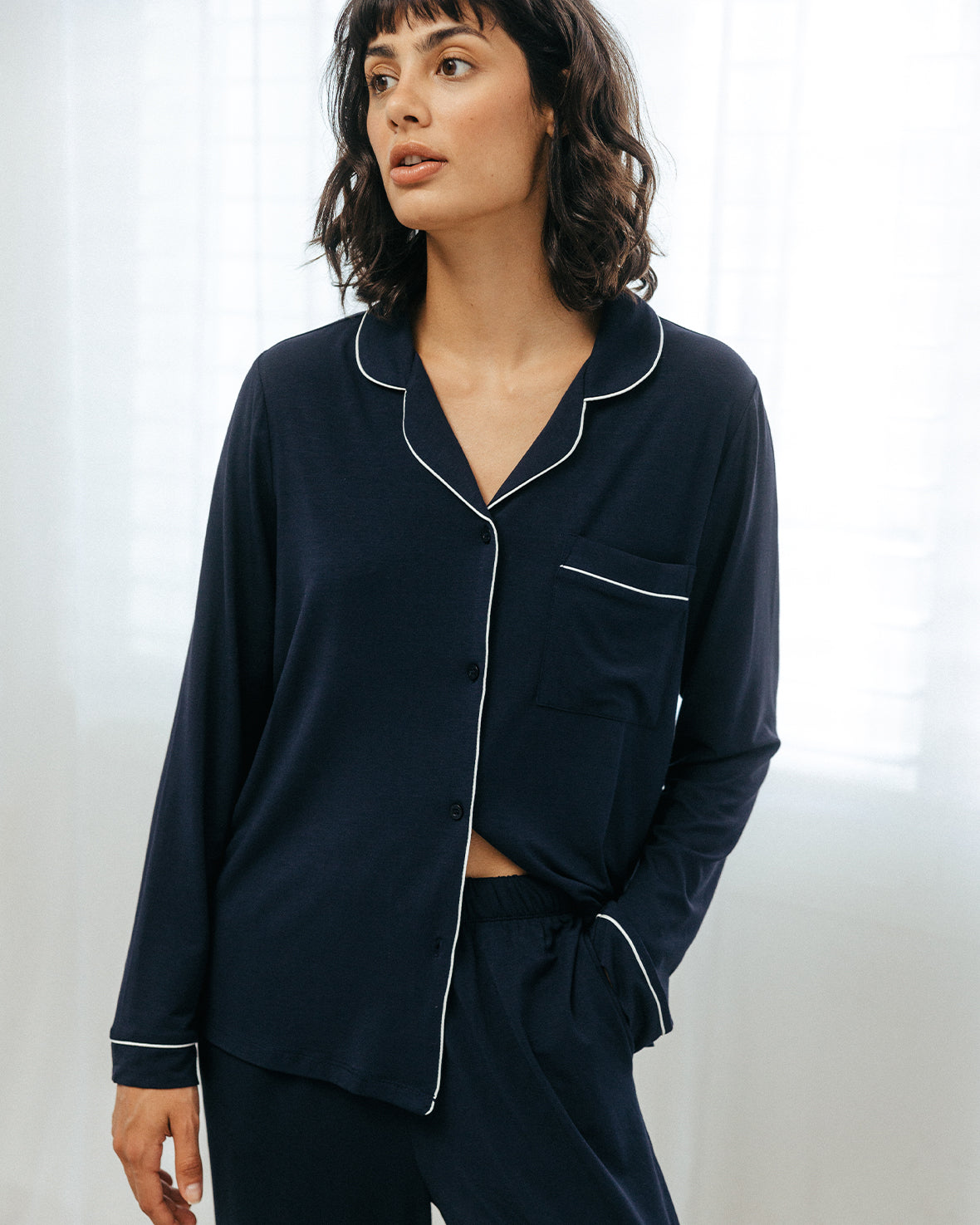 Premium TENCEL™ Modal Long Sleeve Button Up Pajama Set for Women - Soft & Breathable Sleepwear - Navy Blue - Perfect for Relaxing at Home & Comfortable Night's Sleep