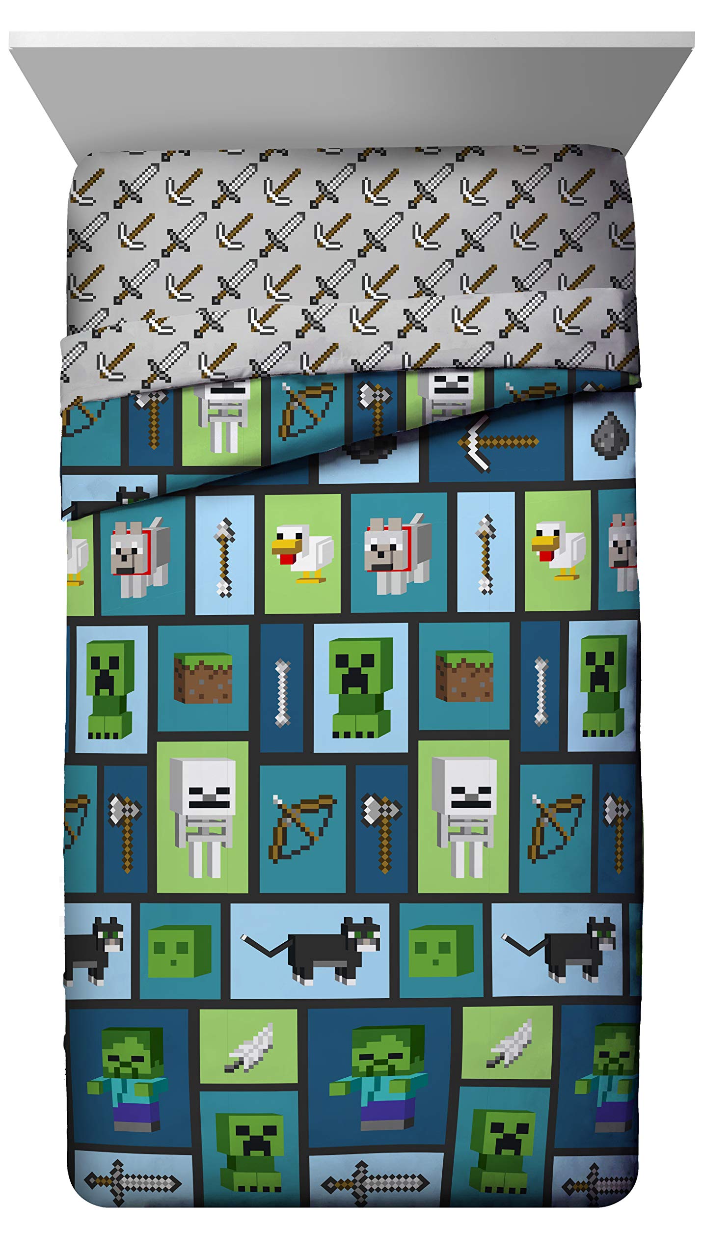 Jay Franco Minecraft Chibi College 4-Piece Twin Bed Set - Reversible Comforter & Sheet Set with Creeper & Ghost Design - Ultra Soft Fade-Resistant Microfiber Bedding for Kids & Teens - Perfect for Dorm Rooms, Sleepovers & Gaming Themed Bedrooms