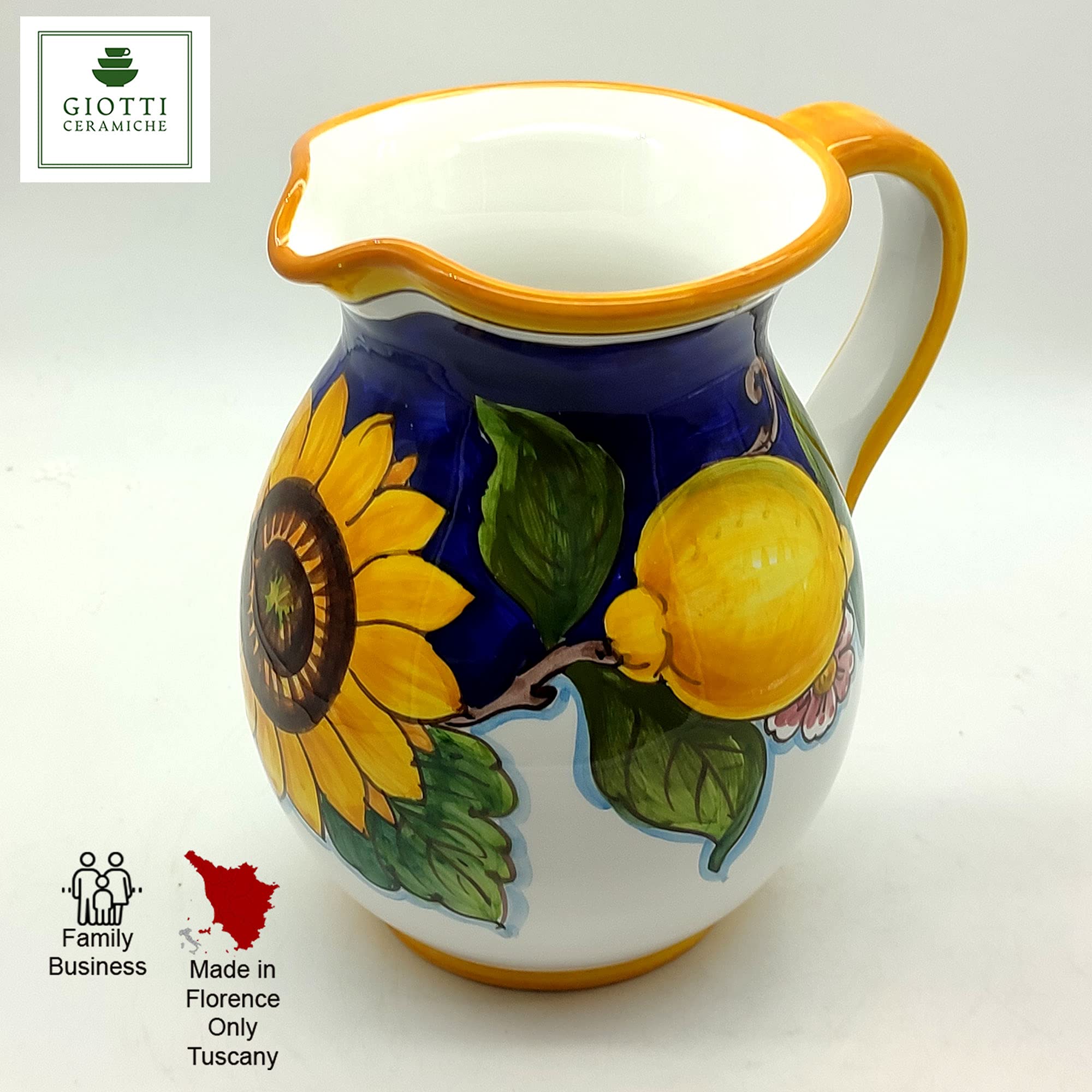 Italian Ceramic Pitcher with Lemon & Sunflower Design - 33 oz Hand-Painted Kitchen Carafe, Utensil Holder & Wine Vase - Authentic Tuscan Pottery from Italy - Perfect for Farmhouse Decor, Dining Table Centerpiece & Gift Giving