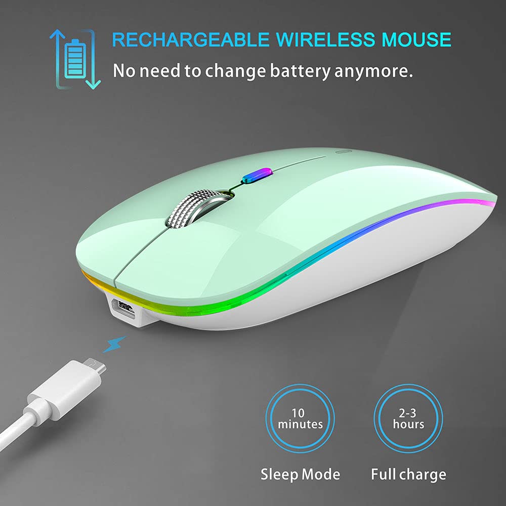 TENMOS Wireless Bluetooth Mouse - Slim Rechargeable Silent Mouse with LED, Bluetooth 5.1 & USB 2.4GHz for Laptop, MacBook, iPad (OS 13+) - Mint Green | Perfect for Office, Home & Travel Use