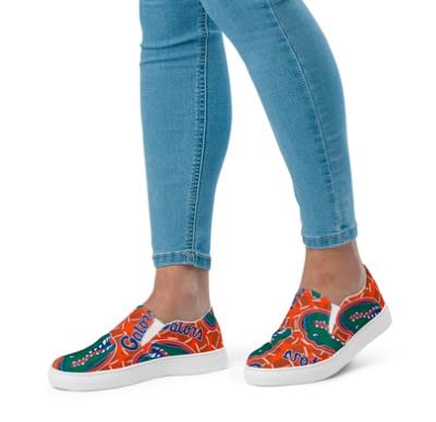Handmade Florida Gators Canvas Slip-On Shoes for Women - Stylish Orange Alligator Print Casual Shoes for College Fans, Game Day & Everyday Wear
