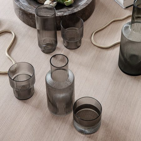 FERM LIVING Ripple Glasses Set of 4 - Smoked Grey Drinking Glasses for Wine, Cocktails & Water - Elegant Modern Glassware for Home Bar, Dinner Parties & Gifts