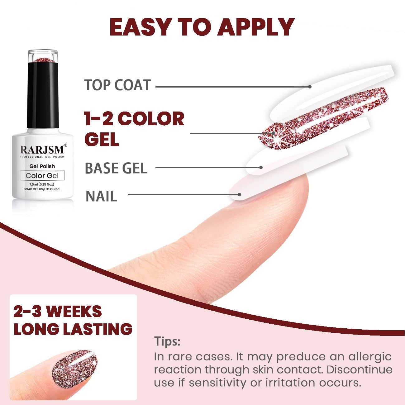 RARJSM Dark Red Diamond Glitter Gel Nail Polish - Chunky UV LED Soak Off Nail Art Gel for Manicure Salon & DIY at Home (7.5ML, Curing Required) | Perfect for Parties, Weddings & Special Occasions