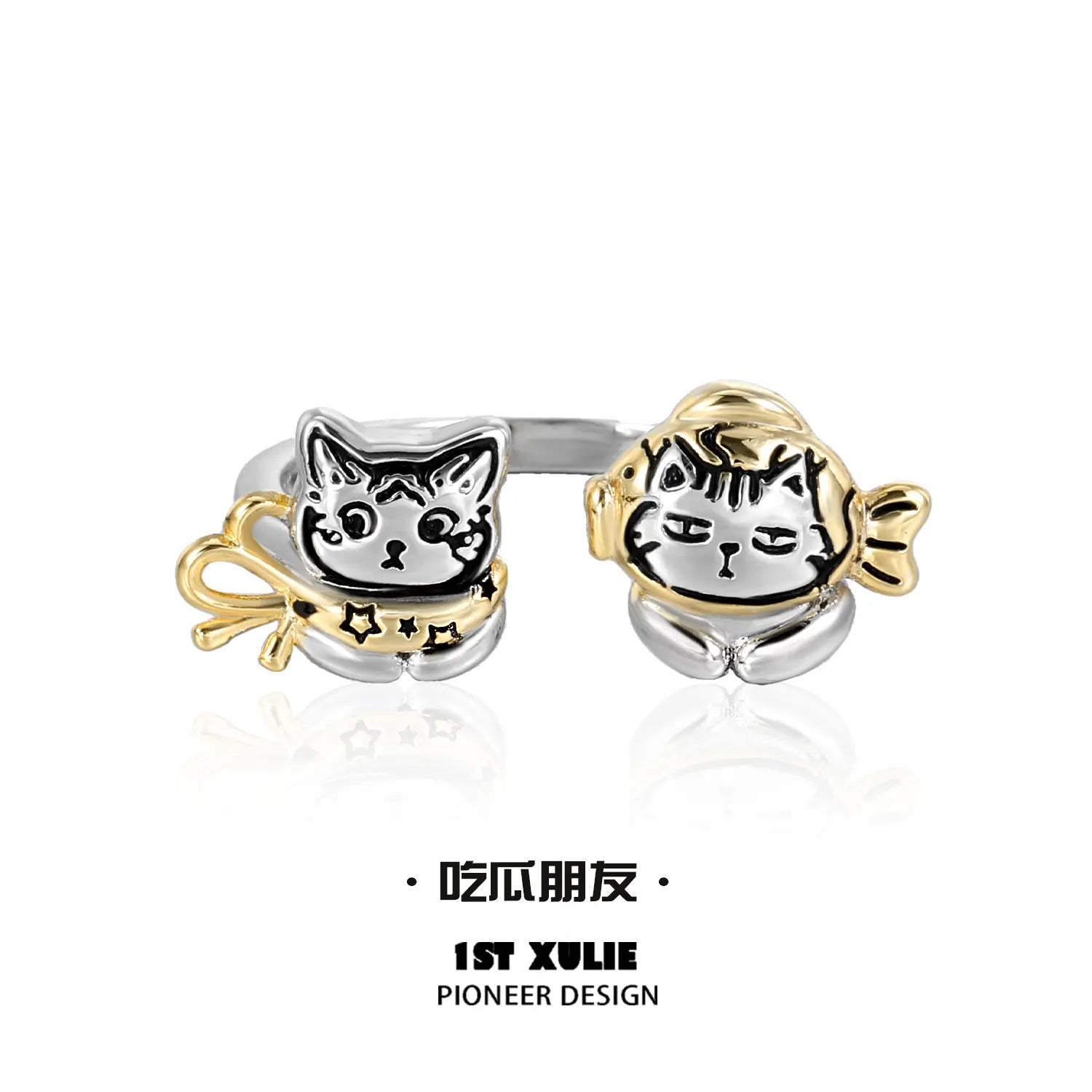 18K Platinum Plated Graffiti Kitten Ring - Trendy Cat Jewelry for Women - Perfect Gift for Cat Lovers, Birthday & Anniversary - Stylish Everyday Wear & Special Occasions