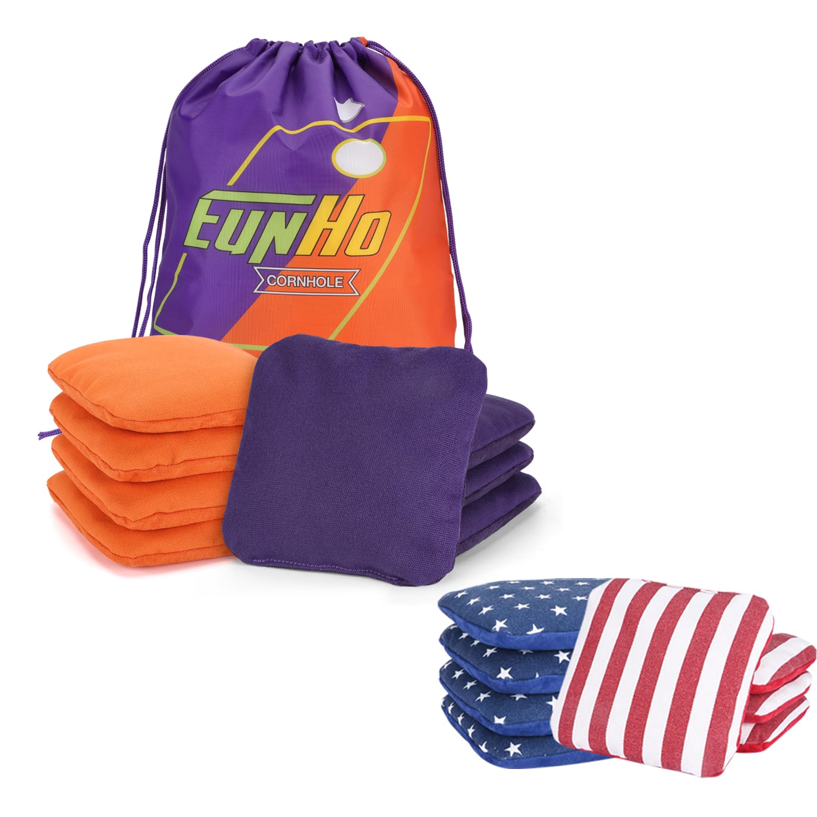 EunHo Professional Regulation Cornhole Bags Set of 8 - Dual Sided Slick & Stick Bean Bags for All-Weather Outdoor Tossing Games | Perfect for Backyard Parties, Tailgating, and Family Gatherings