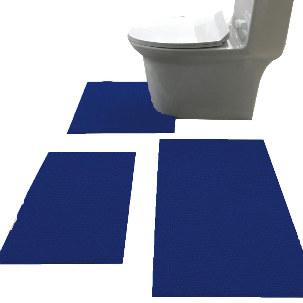 Premium Chenille Bath Rug Set - 3 Piece Soft Shaggy Bathroom Contour Rugs Combo with 2 Shower Mats & U-Shaped Toilet Floor Mat in Navy Blue - Non-Slip, Absorbent & Machine Washable - Perfect for Bathroom, Shower & Vanity Areas
