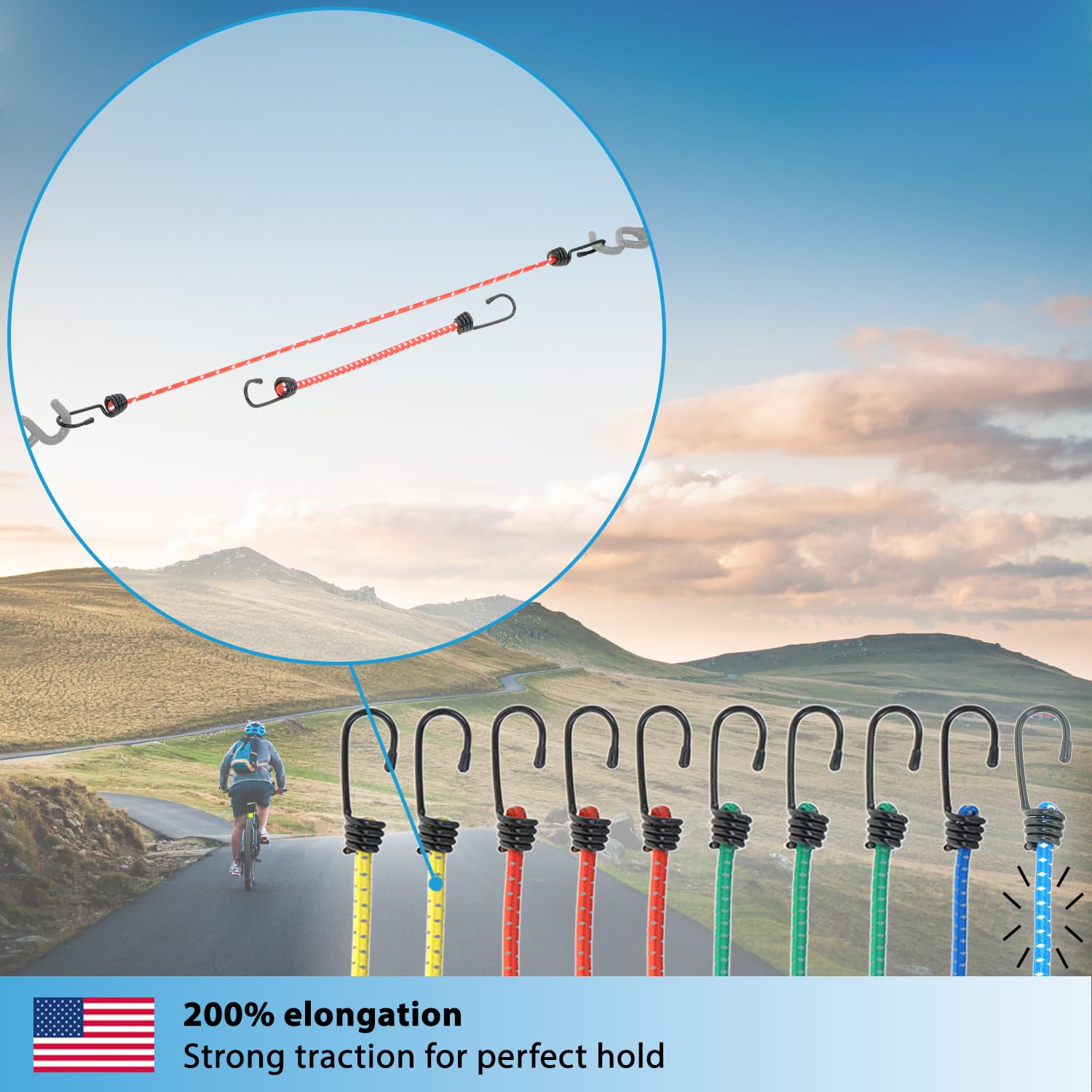 Valonic Heavy-Duty Reflective Bungee Cords with Hooks - 10-Pack Super Elastic Straps (200% Stretch) for Motorcycle, Bike, Kayak, Camping Tent, Pool Cover & Outdoor Gear - Perfect for Securing Cargo, Tying Down Equipment & Organizing Outdoor Adventures