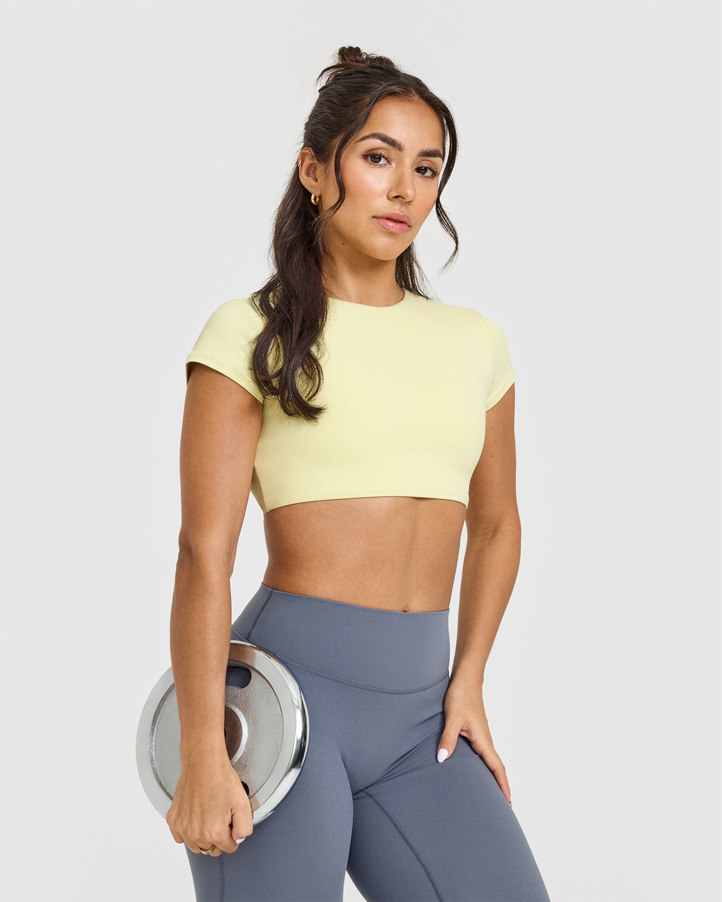 SoftMotion™ Women's Short Sleeve Crop Top - Pastel Yellow | Stretchy Comfort Fit | Perfect for Yoga, Gym & Summer Outfits