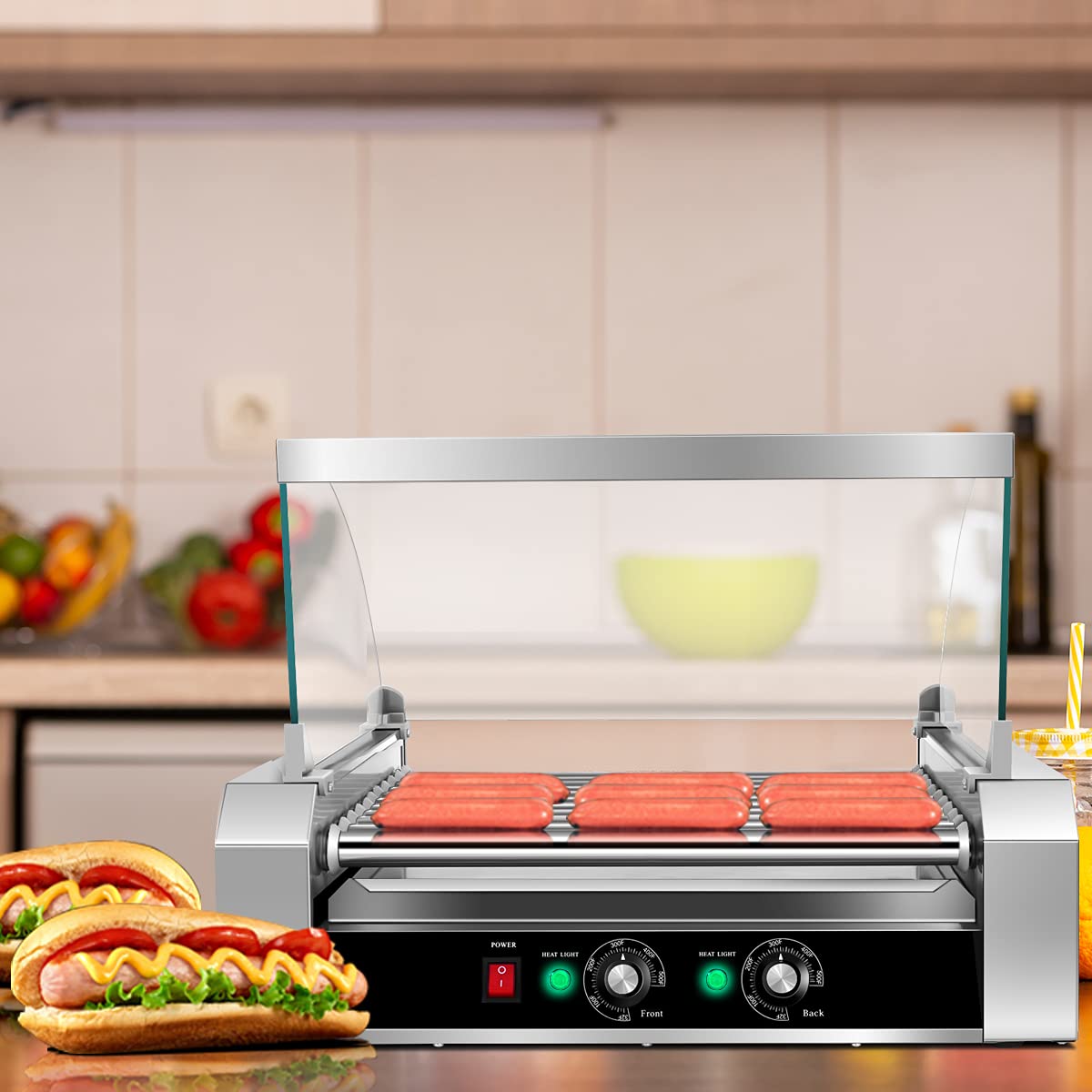 Electric Hot Dog Roller Machine - Commercial 30 Hot Dog 11 Non-Stick Roller Grill with Removable Stainless Steel Drip Tray & Glass Hood Cover - Countertop Sausage Warmer for Restaurants, Convenience Stores & Food Trucks