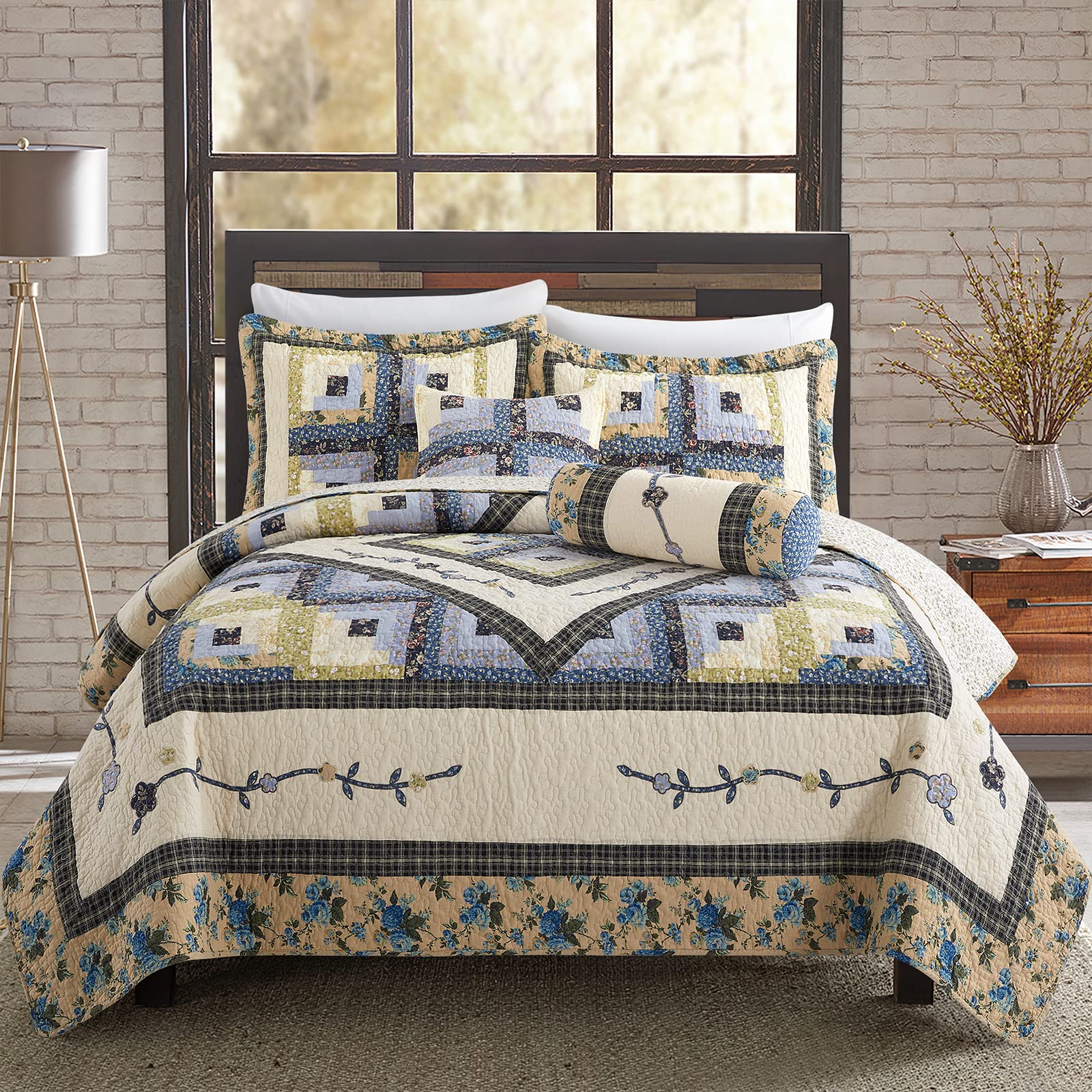 NIUDÉCOR HOME 3-Piece Queen Patchwork Quilt Set - 100% Cotton Reversible Vintage Plaid Floral Bedspread | Cozy Farmhouse Bedding for Guest Rooms, Master Bedrooms & Dorm Decor