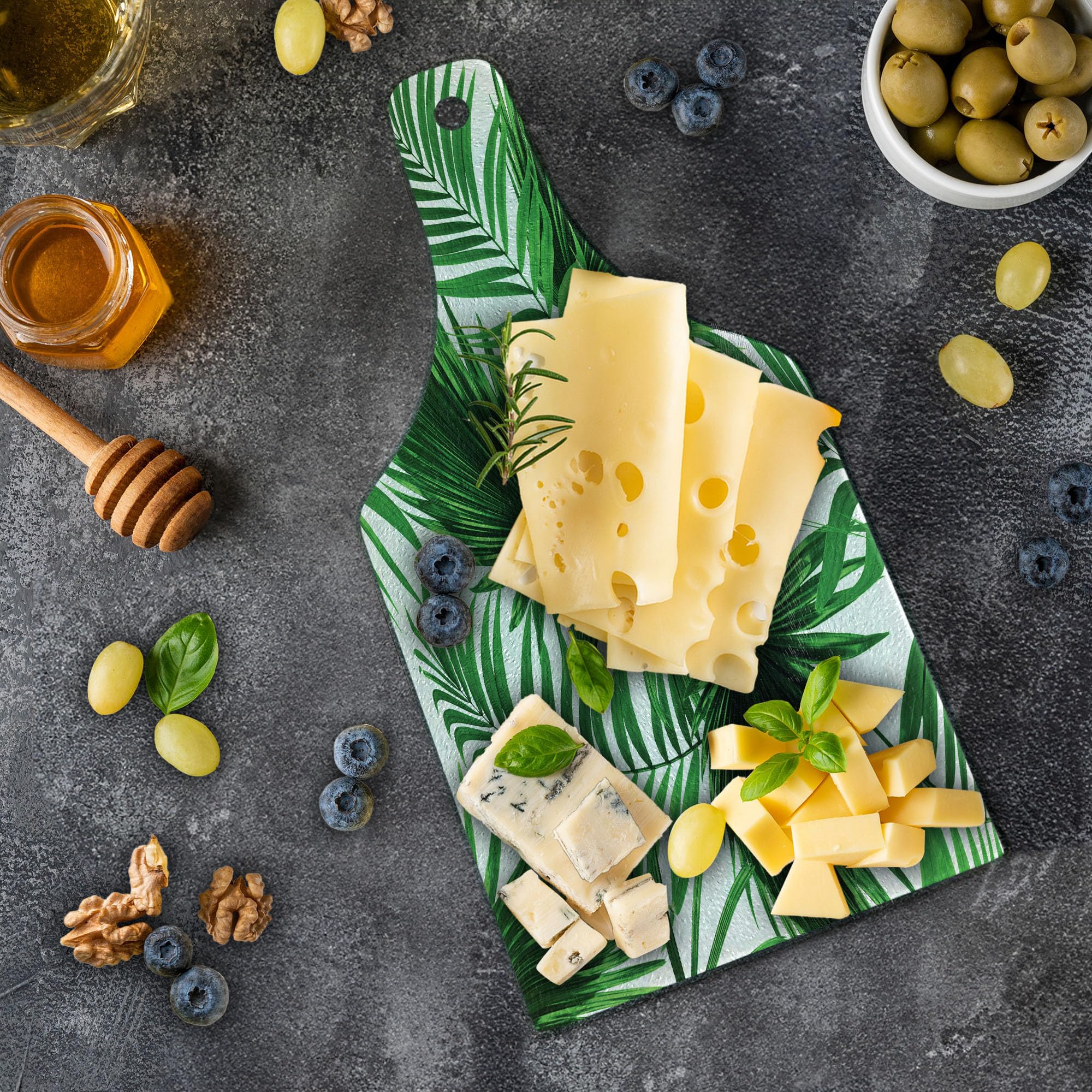 Ambesonne Palm Leaf Tempered Glass Cutting Board - Realistic Botanical Print, Decorative Serving Board with Wine Bottle Shape in Fern Green & White - Perfect for Kitchen Prep, Charcuterie, and Wine Pairing Displays