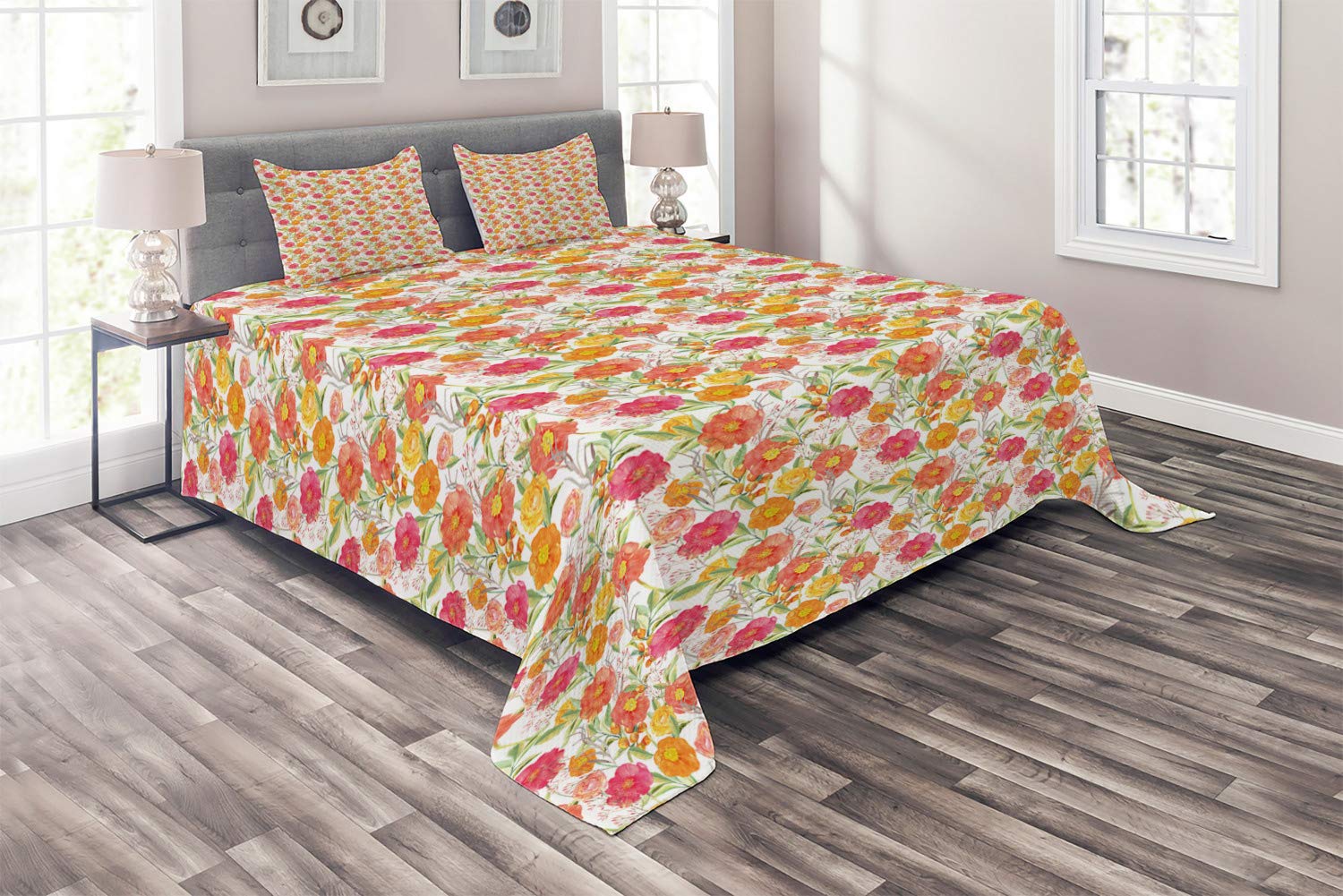 Ambesonne King Size 3-Piece Quilted Bedspread Set - Hand Painted Watercolor Floral Design with Flowers & Berries, Includes 2 Pillow Shams | Spring Home Decor, Bedroom Makeover, Guest Room Upgrade (Multicolor)