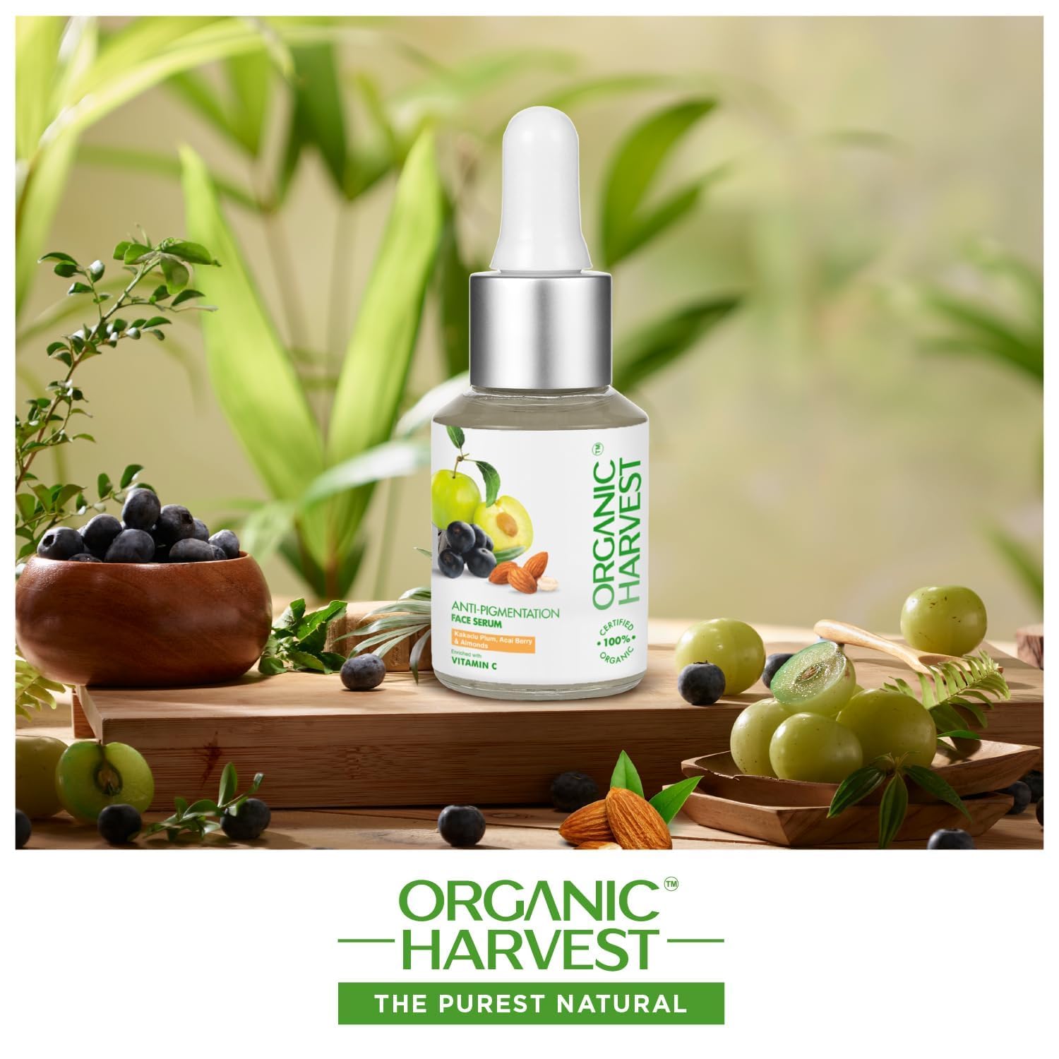 Organic Harvest Anti-Pigmentation Face Serum with Kakadu Plum, Acai Berry & Almonds - Brightens Skin, Reduces Blemishes, Pigmentation & Wrinkles | 100% USDA Certified Organic, Paraben & Sulfate Free - 30ml | Perfect for Daily Skincare Routine & Nighttime Treatment