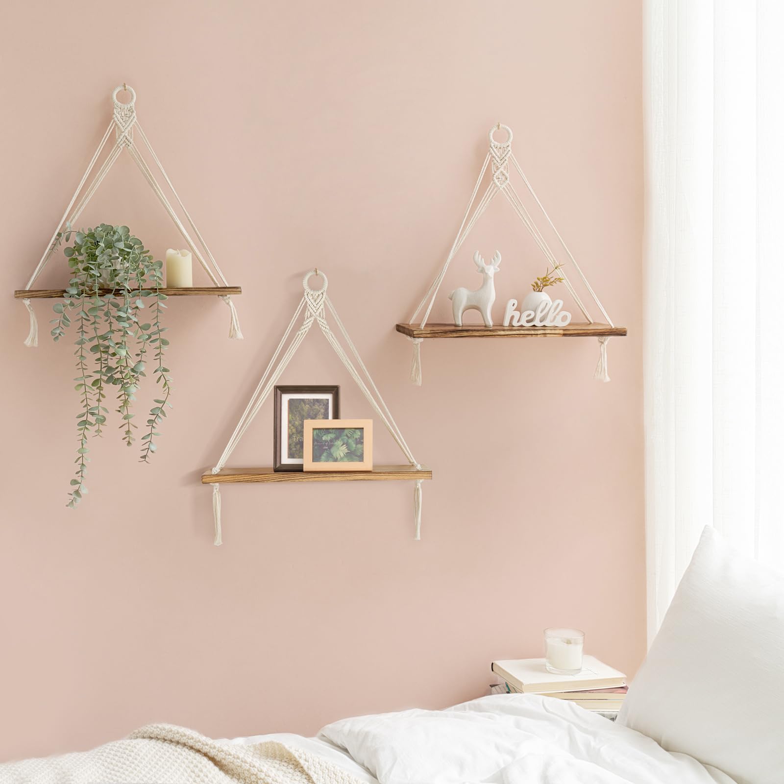 Mkono Woven Storage Basket Set of 3 - Natural Rope Decorative Baskets & Macrame Hanging Shelves for Boho Wall Decor | Perfect for Home Organization, Nursery, Bathroom & Living Room Storage