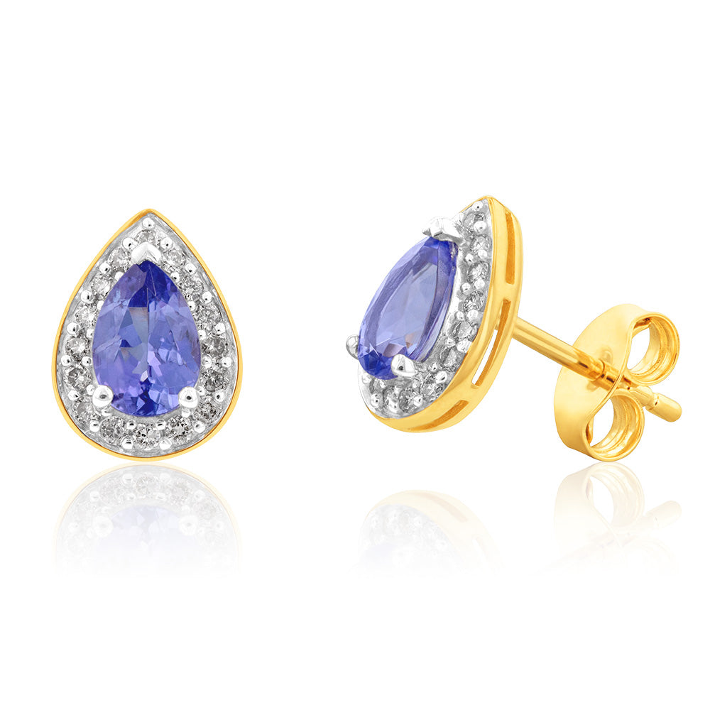 9ct Yellow Gold 0.90ct Tanzanite & 0.15ct Diamond Pear Halo Stud Earrings for Women - Elegant Jewelry Gift for Anniversary, Birthday & Special Occasions
