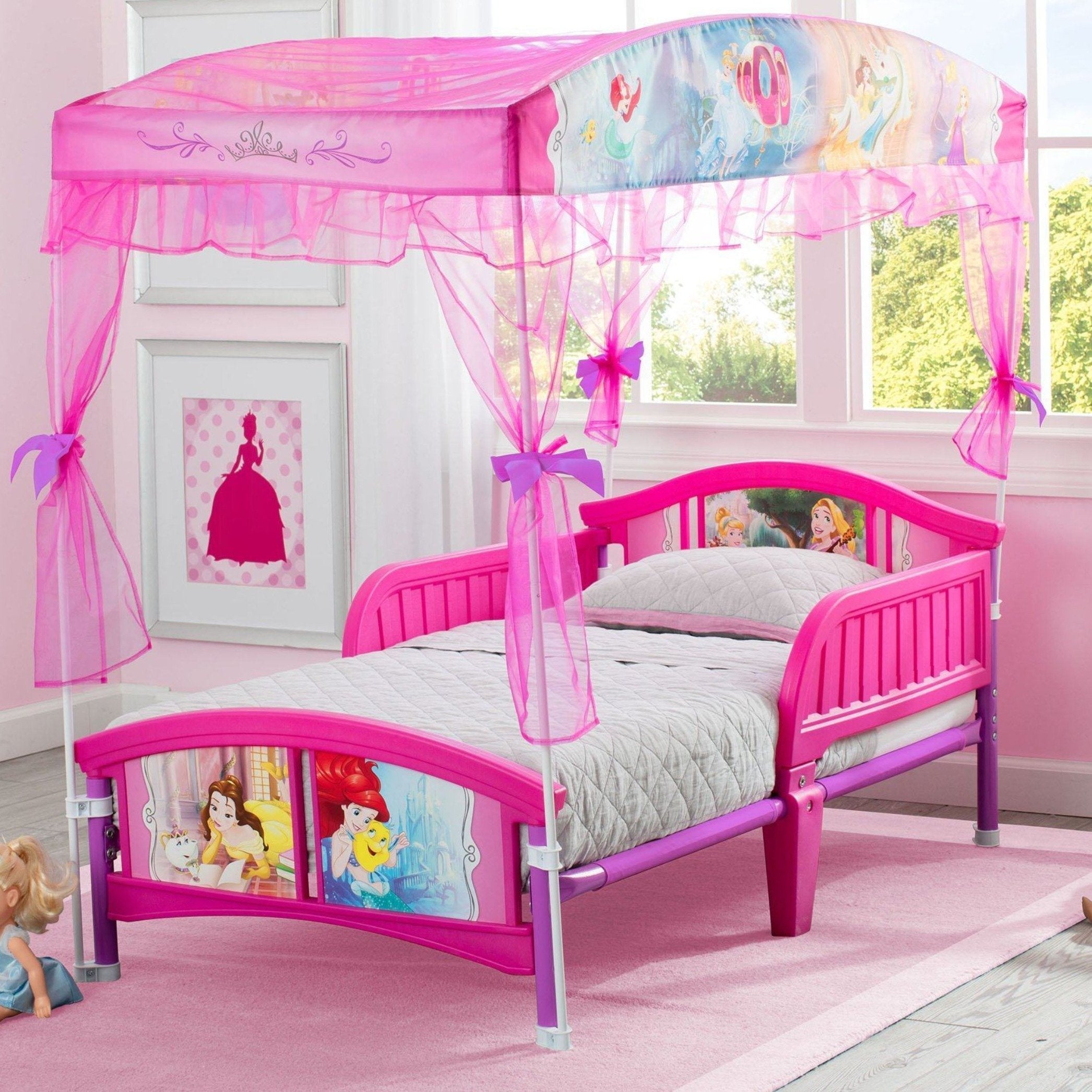 Princess Canopy Toddler Bed for Girls - Pink & White Floral Design - Perfect for Nursery, Bedroom Decor & Kids Sleepover Parties