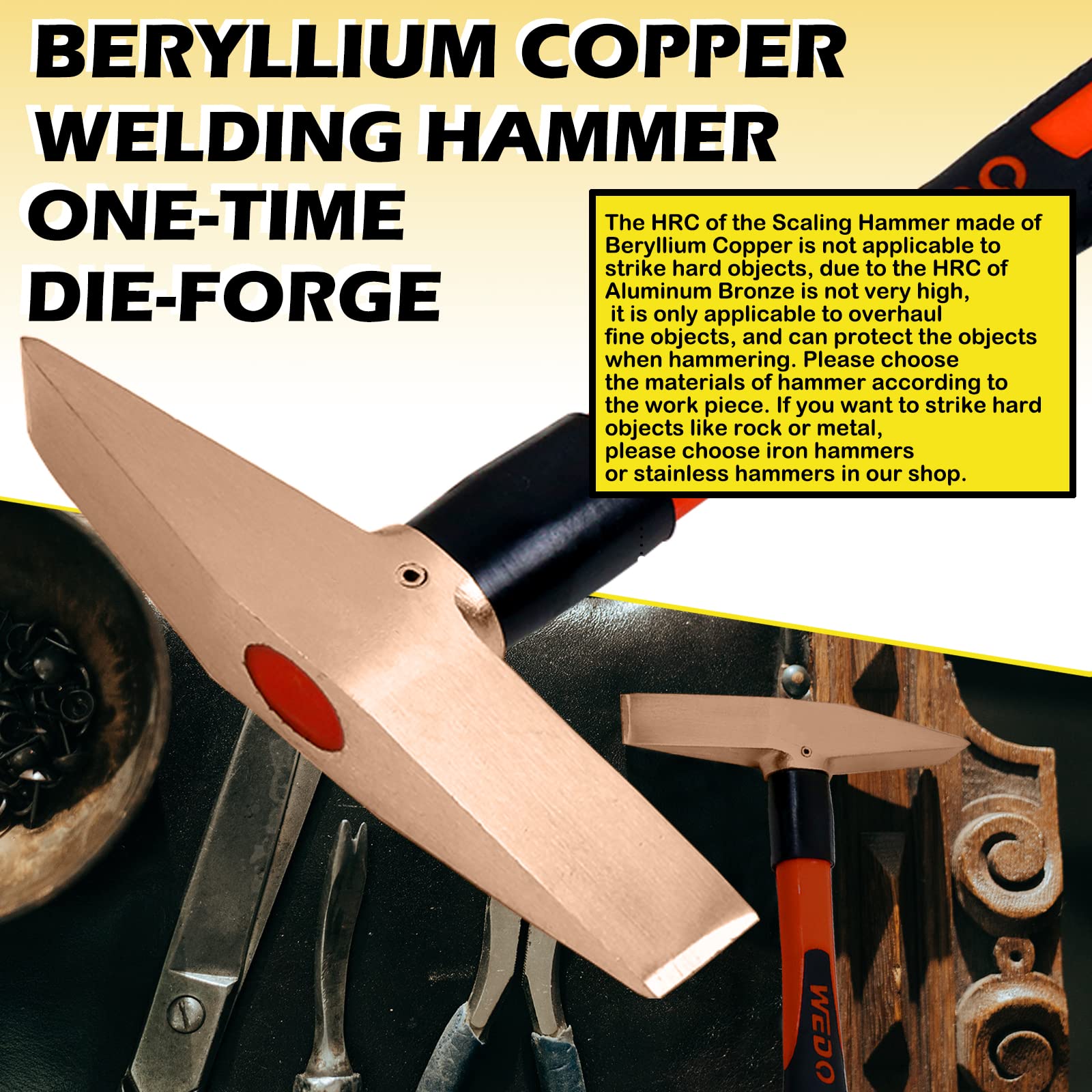 WEDO Beryllium Copper Non-Sparking Welding Chipping Hammer - 300g (0.7lb) Fiberglass Handle Slag Removal Tool - 280mm (11