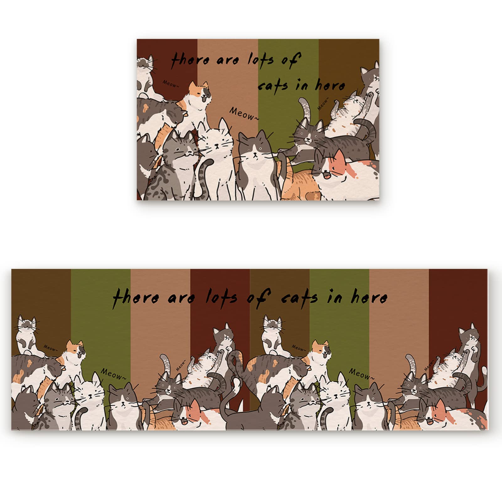 2-Piece Non-Slip Kitchen Rugs Set - Cute Cat Design Washable Floor Mats for Kitchen Sink, Indoor Corridor - Brown Green Gradient Funny Animal Art Runner Rugs - Perfect for Home, Apartment, Dorm Decor & Pet Lovers