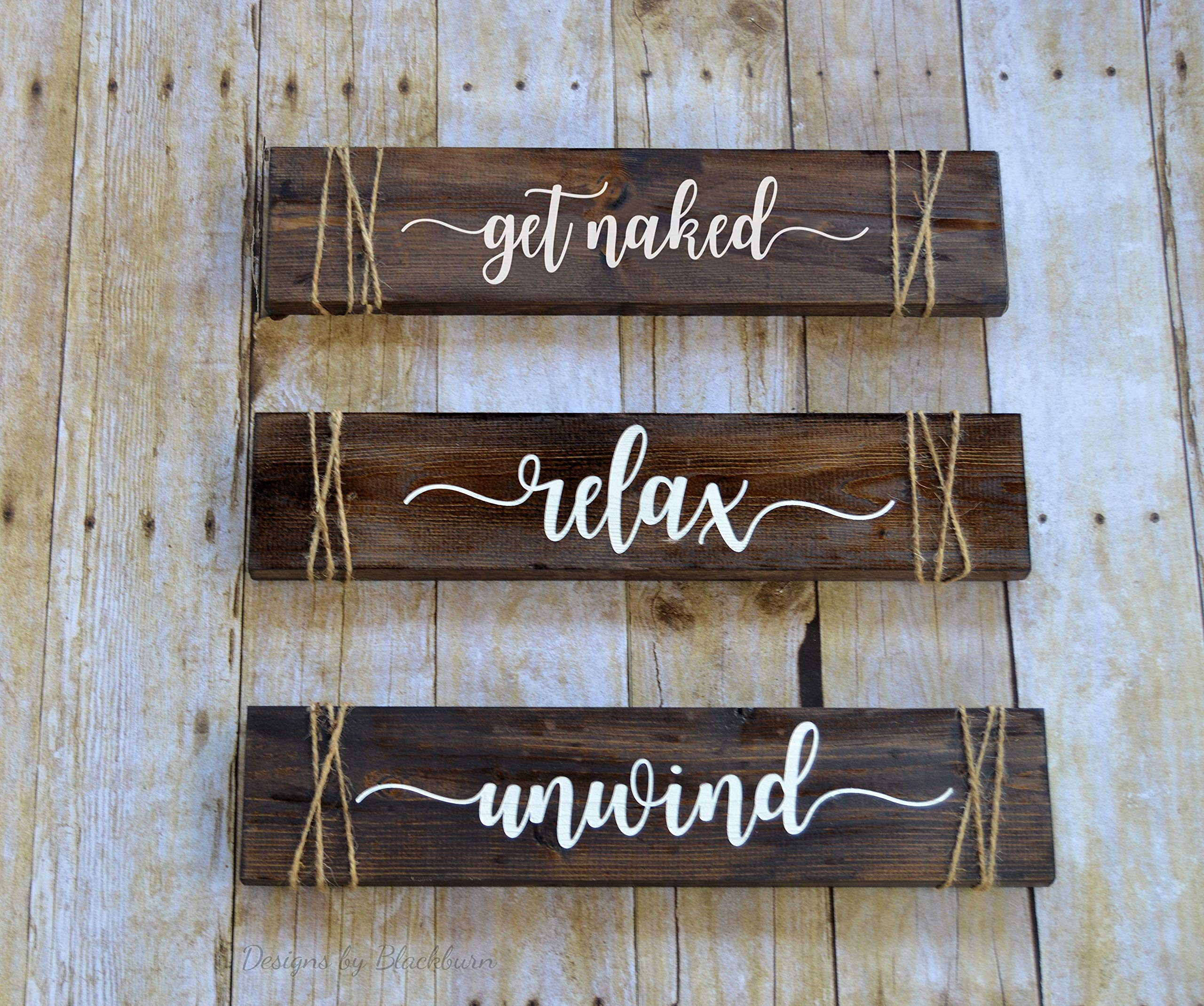 Naked Relax Unwind Signs - Rustic Wood Bathroom Wall Decor for Spa & Modern Farmhouse - Set of 3 - Perfect Gift for Her - Ideal for Home Relaxation & Self-Care Spaces