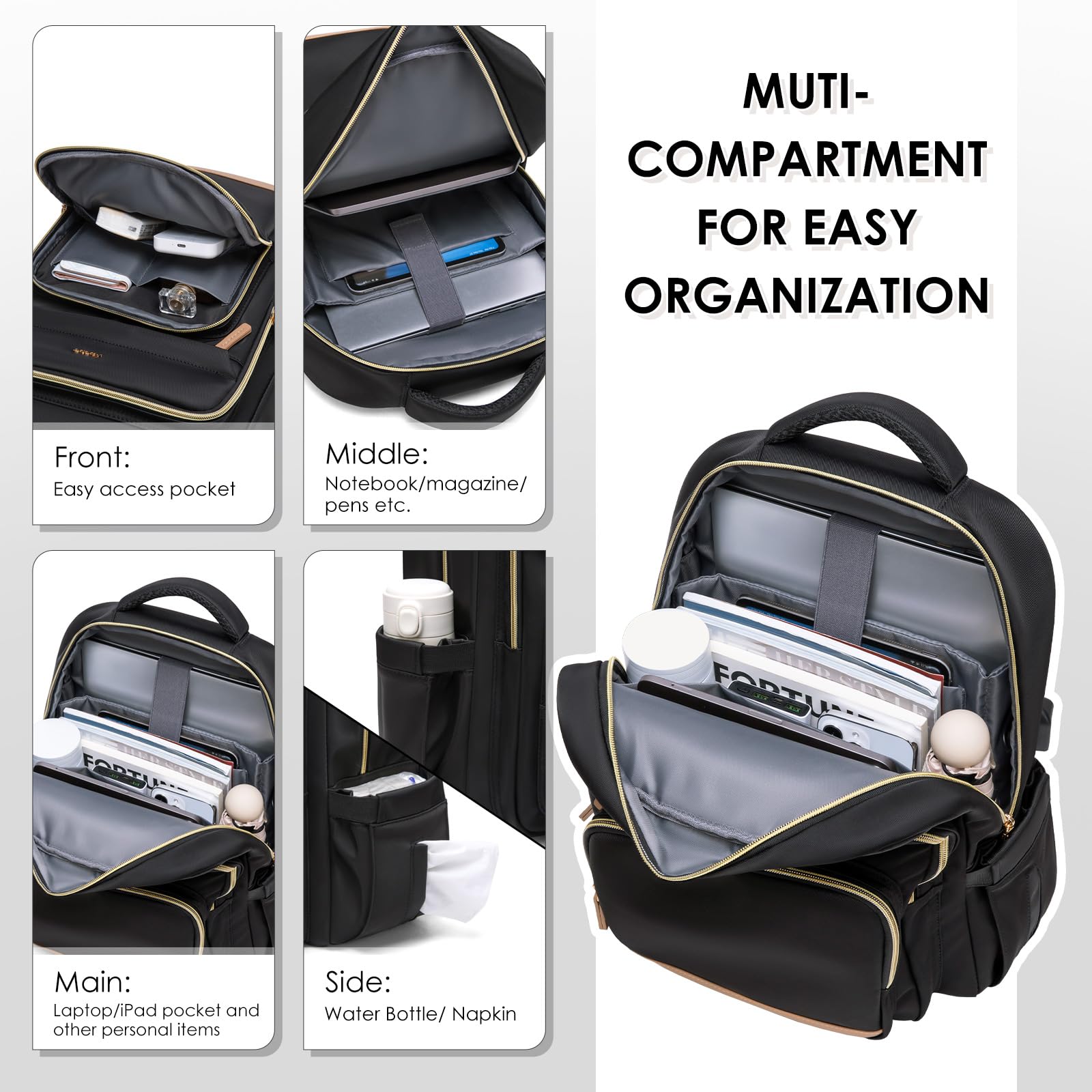 MDODO 15.6 Inch Travel Laptop Backpack for Business & College - Water Resistant Work Backpack with USB Charging Port & Laptop Compartment - Perfect for Commuting, Air Travel & School Use (Black)