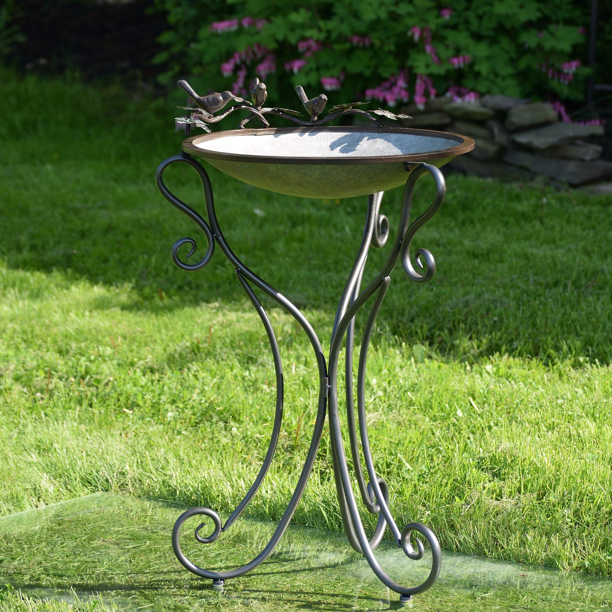 Zaer Ltd. Galvanized Metal Birdbath with 3 Decorative Cast Iron Birds - Outdoor Garden Decoration for Attracting Wild Birds & Enhancing Backyard Aesthetics