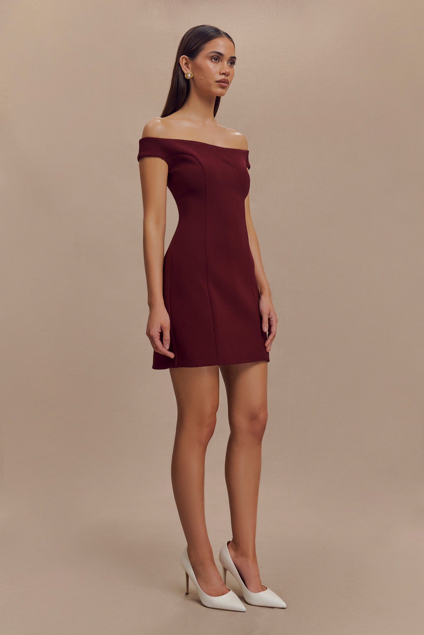Cassidy Crepe Off Shoulder Mini Dress in Merlot Red - Elegant Party & Cocktail Dress for Women's Night Out