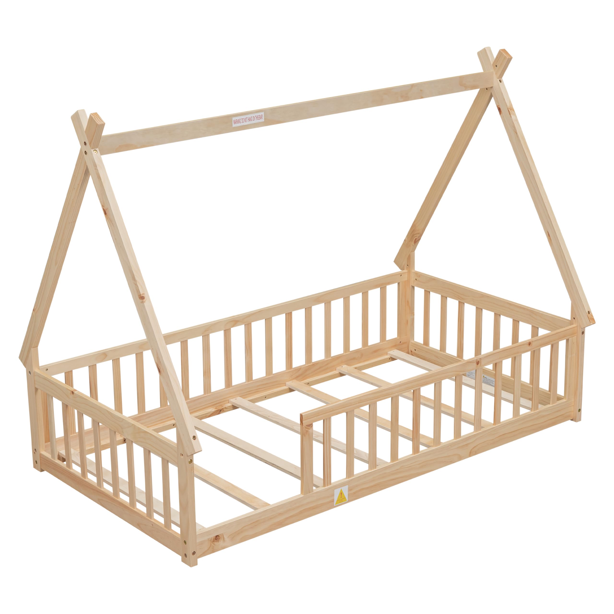 Montessori Floor Bed for Kids - Twin Size Teepee Tent Bed with Slats & Safety Rails, Natural Wood House Bed Frame for Boys & Girls | Perfect for Montessori Rooms, Playrooms & Cozy Bedtime Reading Nooks