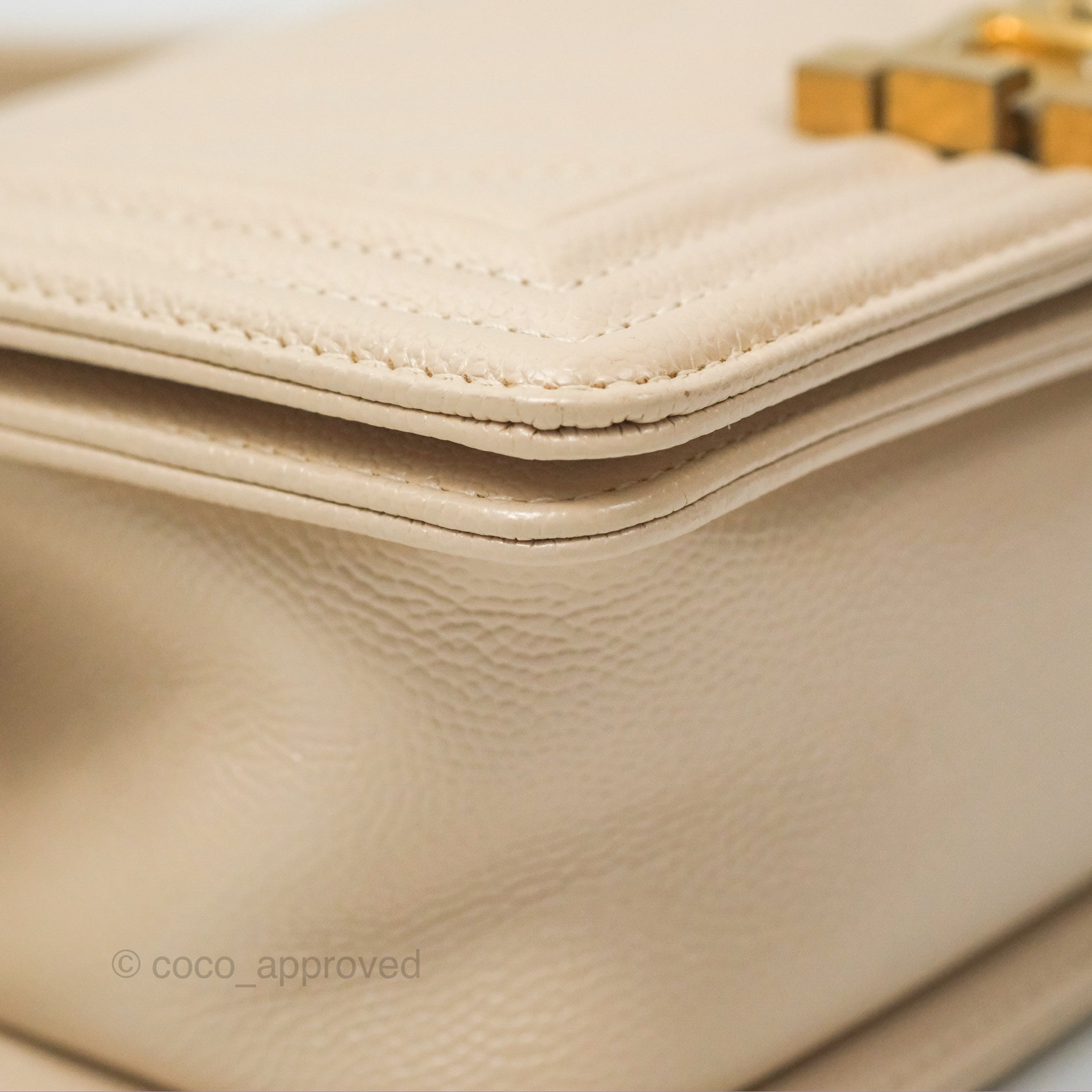 Chanel Chevron Small Boy Bag in Cream Ivory Caviar Leather with Aged Gold Hardware - Perfect for Luxury Fashion & Everyday Elegance
