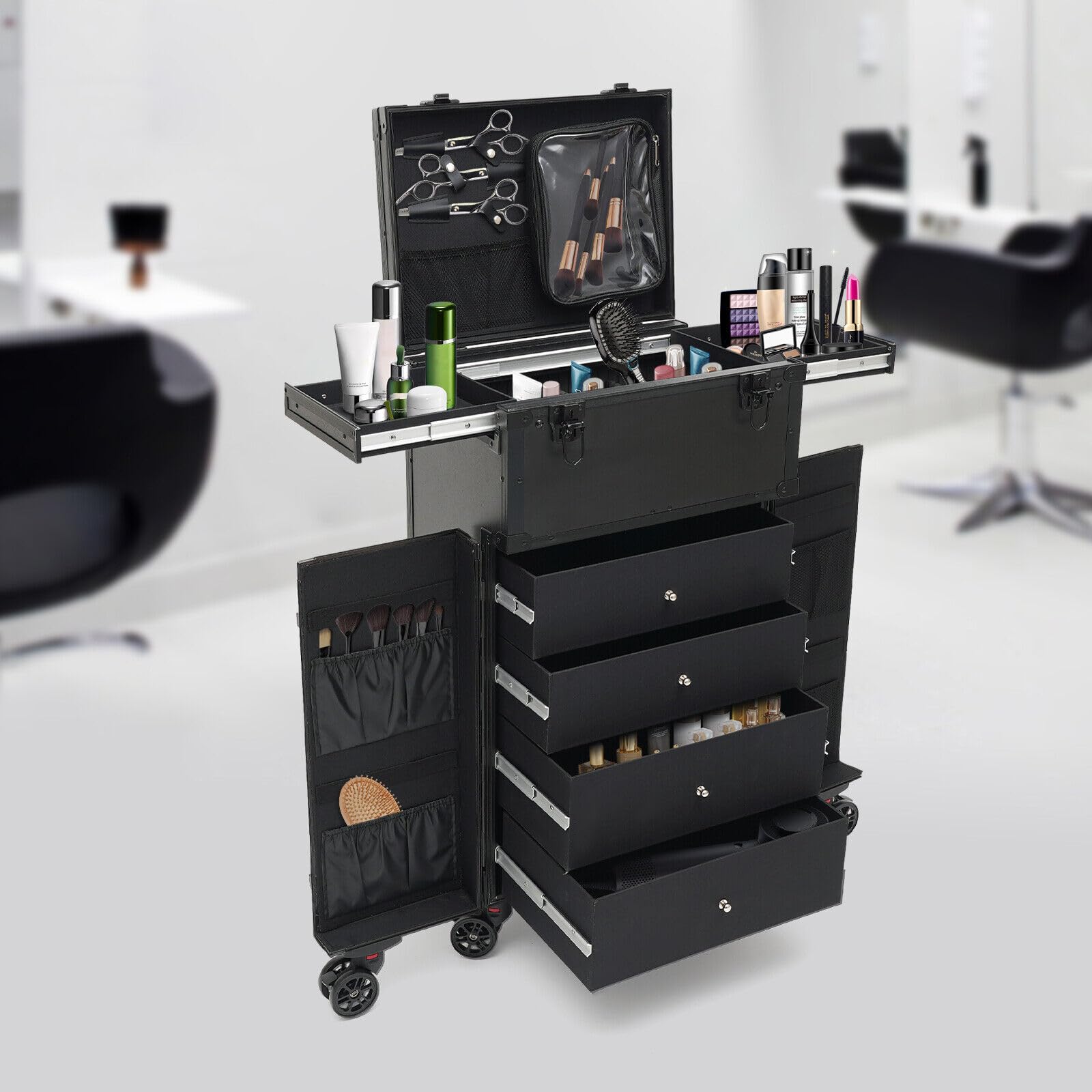 Professional Aluminum Alloy Rolling Makeup Train Case - Cosmetic Trolley Organizer & Travel Case for Nail Tech, Salon, Barber - Portable Makeup Station for Hairdressers & Stylists - Perfect for Travel, Mobile Services & Salon Organization