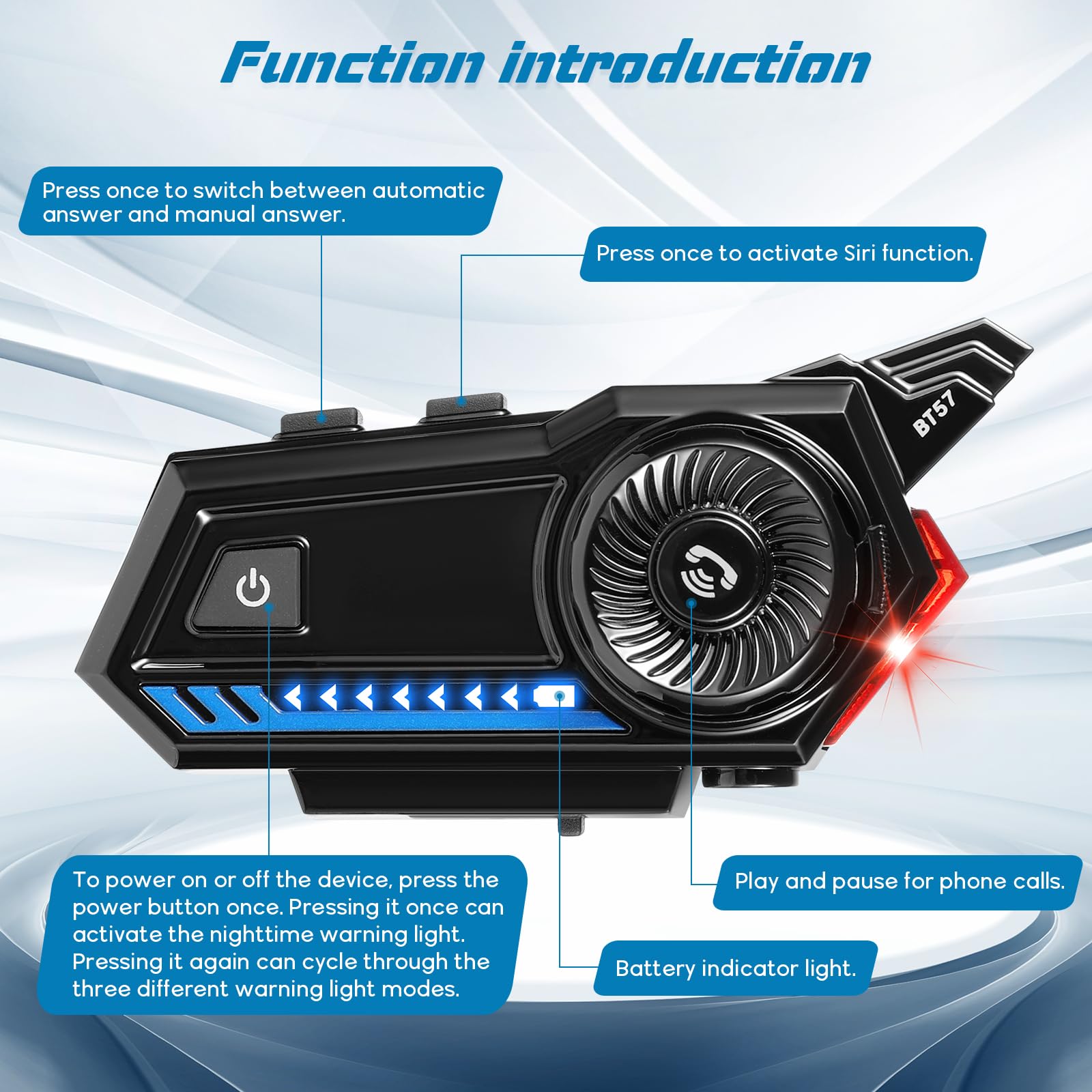 Bluetooth 5.3 Motorcycle Helmet Headset - Auto Answer, High Quality Sound with LED Tail Light for Safe Night Riding