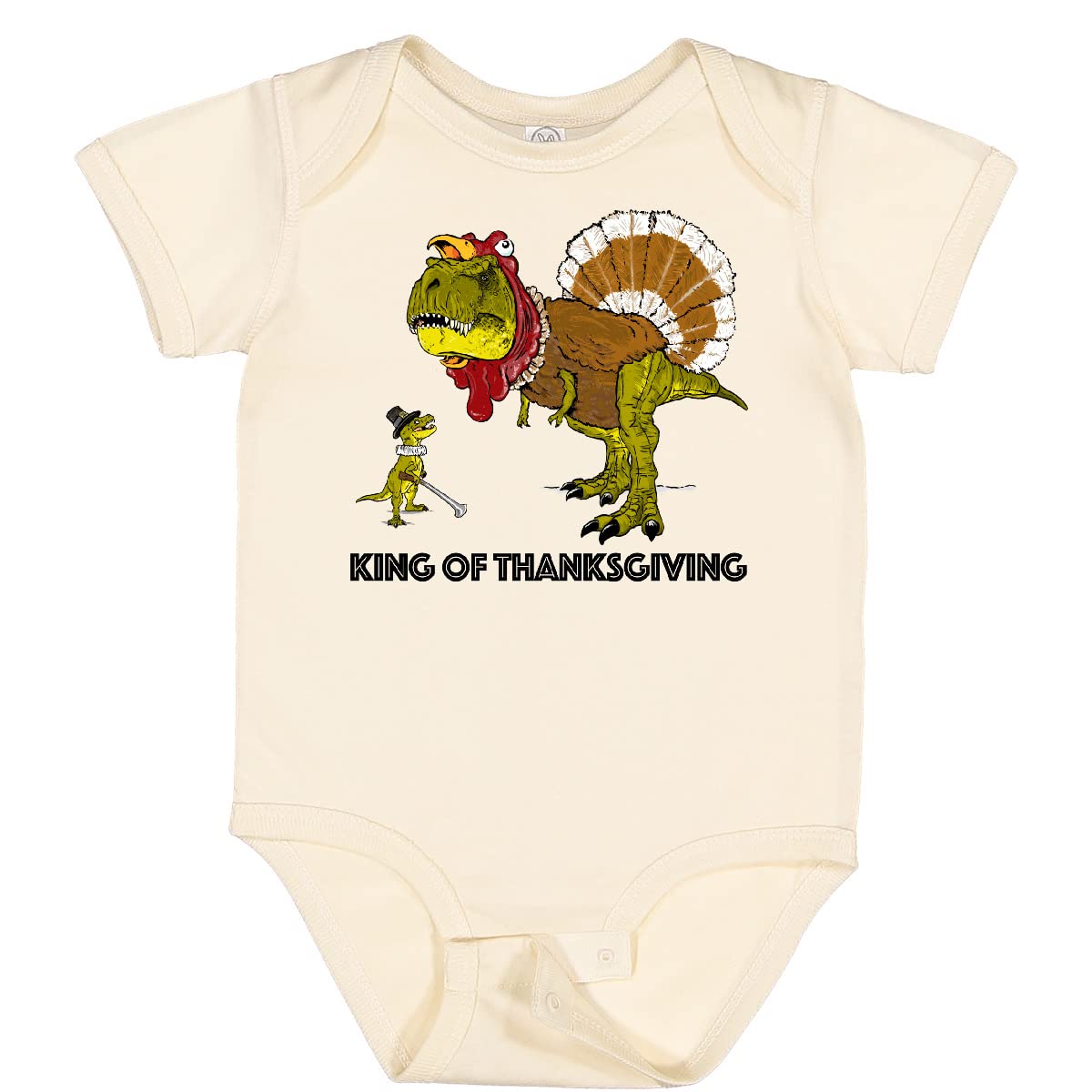 Inktastic King of Thanksgiving T-Rex Turkey and Pilgrim Baby Bodysuit - Green Dinosaur Thanksgiving Outfit for Infants & Toddlers - Perfect for Holiday Photos, Family Gatherings & Festive Celebrations
