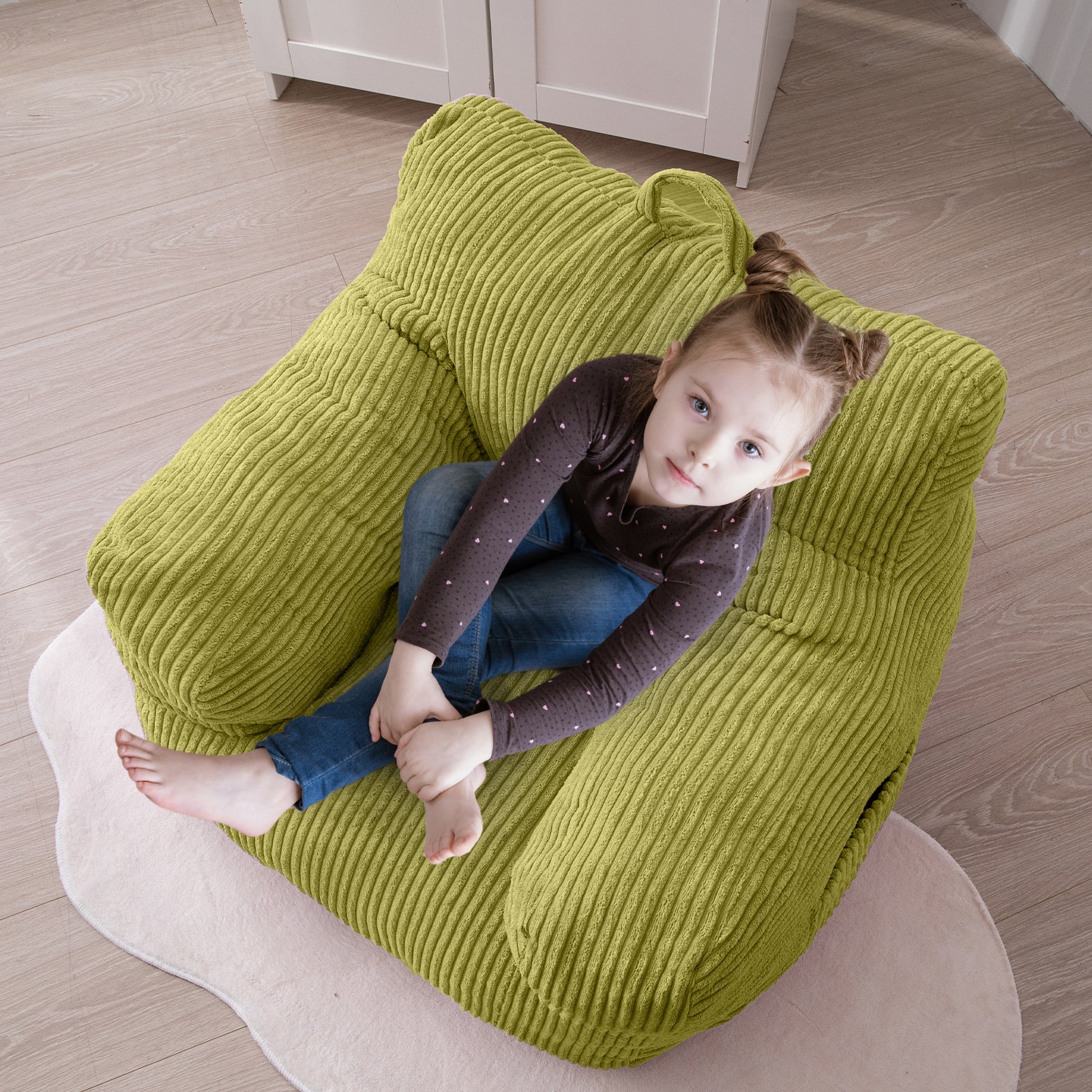 MAXYOYO Kids Bean Bag Chair - Soft Corduroy Bean Bag Couch with Armrests for Children's Bedroom, Playroom & Dorm (Green) - Perfect for Reading, Gaming & Relaxing