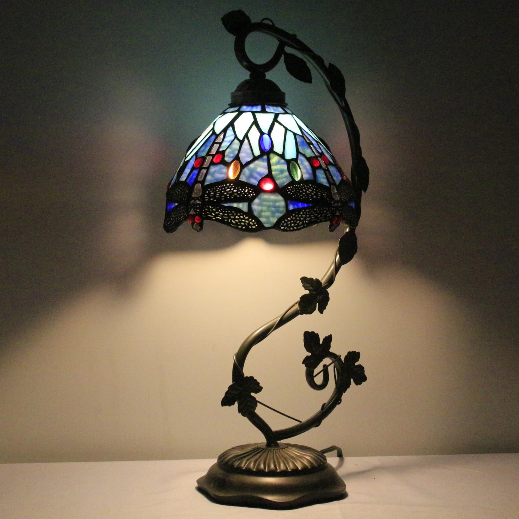 WERFACTORY Tiffany Style Dragonfly Table Lamp - Blue Stained Glass Shade with Metal Leaf Base, 8x10x21 Inch Desk Lamp for Bedroom, Home Office & Small Spaces (S004 Series) | Perfect Reading Light & Decorative Accent