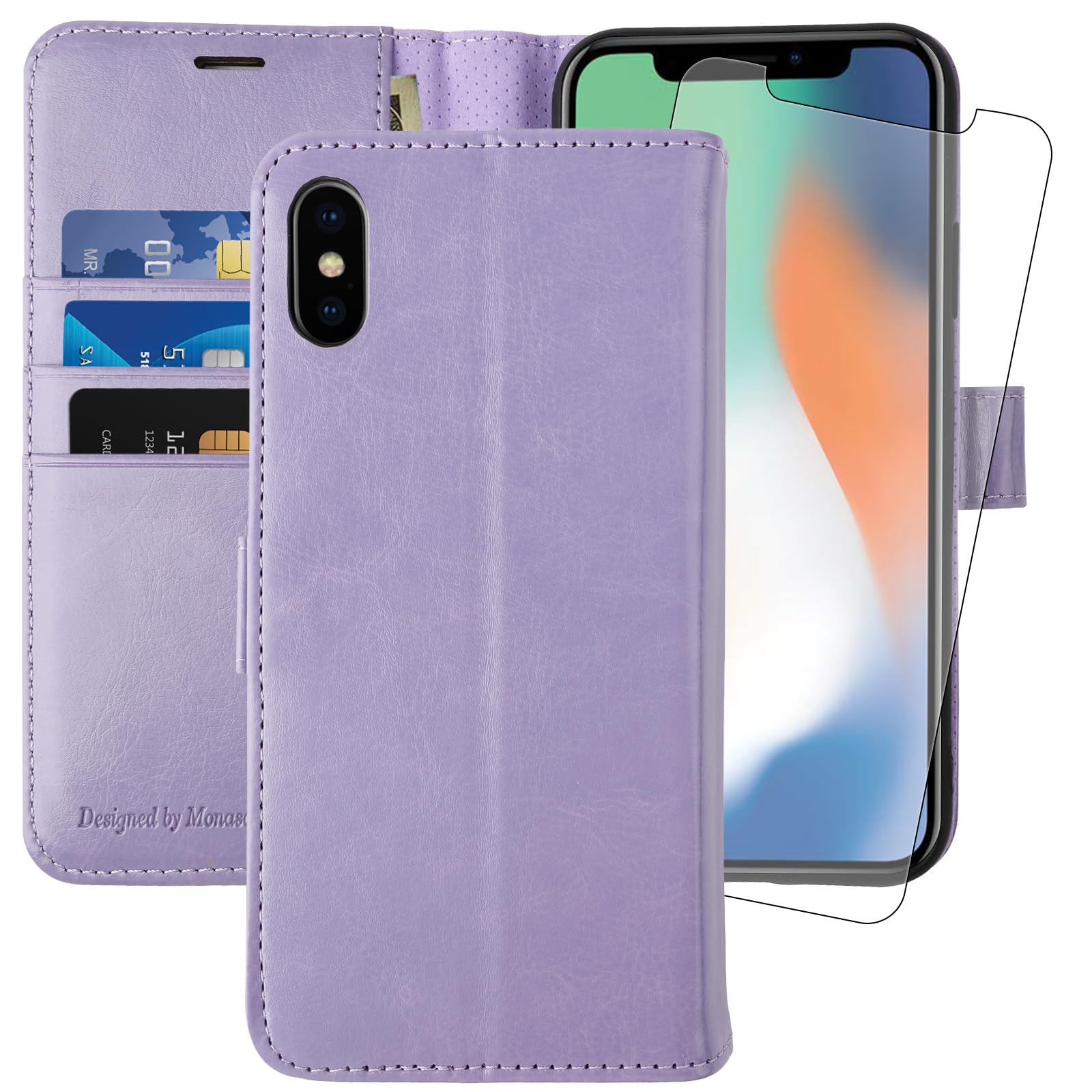 MONASAY Leather Wallet Case for iPhone X/Xs (5.8-inch) - RFID Blocking Flip Cover with Card Slots & Included Glass Screen Protector | Perfect for Everyday Use, Travel & Contactless Payments (Lavender)