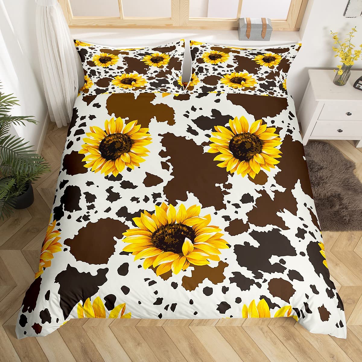 Sunflower Cow Comforter Cover Set for Kids - Rustic Brown Duvet Cover with Yellow Floral Print, King Size Wildlife Farmhouse Bedding (3 Piece) - Perfect for Nursery, Kids Room & Farmhouse Themed Decor