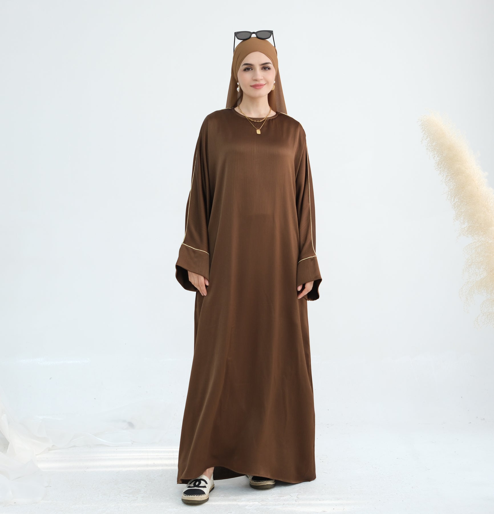 Elegant Ayana Textured Piping Detail Abaya Dress - Bronze Color for Women | Perfect for Islamic Prayer, Mosque Visits & Special Occasions