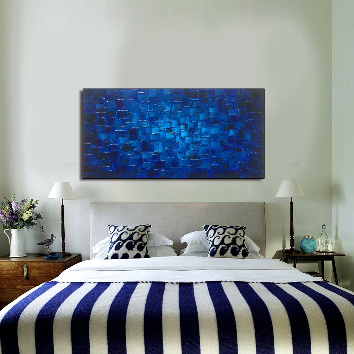 Large Abstract Dark Blue Square Wall Art - Hand Painted Textured Oil Painting on Canvas (60x30 inches) Ready to Hang - Perfect for Living Room, Bedroom & Office Decor