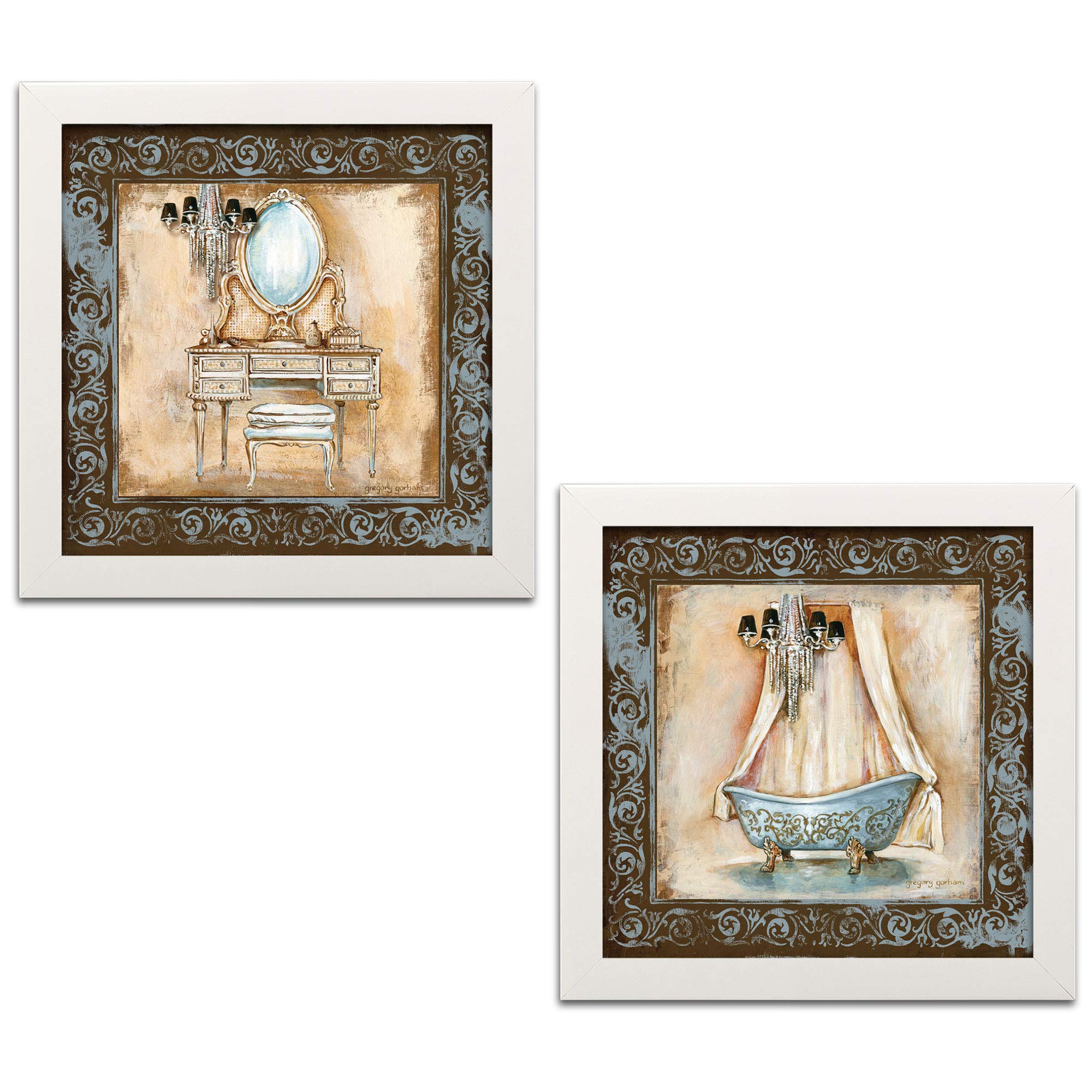 Stylish Brown & Blue Clawfoot Bathtub with Vanity Set - Vintage Bathroom Decor - Includes 2 White Framed 12x12 Inch Wall Art Prints (Ready to Hang) - Perfect for Master Bathroom Renovation & Farmhouse Style Decor