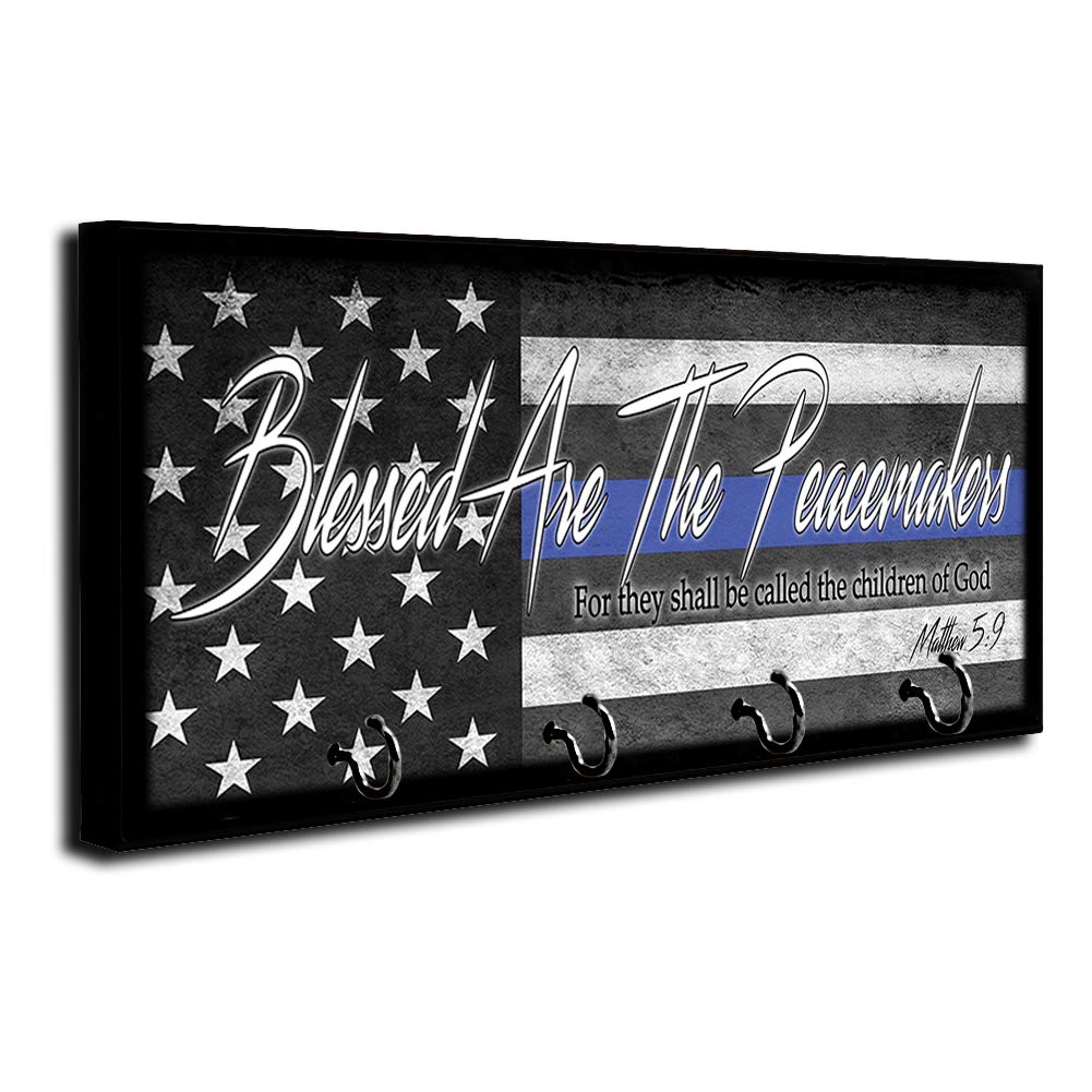 Brotherhood Thin Blue Line American Flag Key Holder - Blessed Are The Peacemakers Design - Wall Mount Key Organizer Rack for Home, Office & Entryway - Keys, Rings & Accessories Storage - Decorative Hook Hanger for Law Enforcement Support